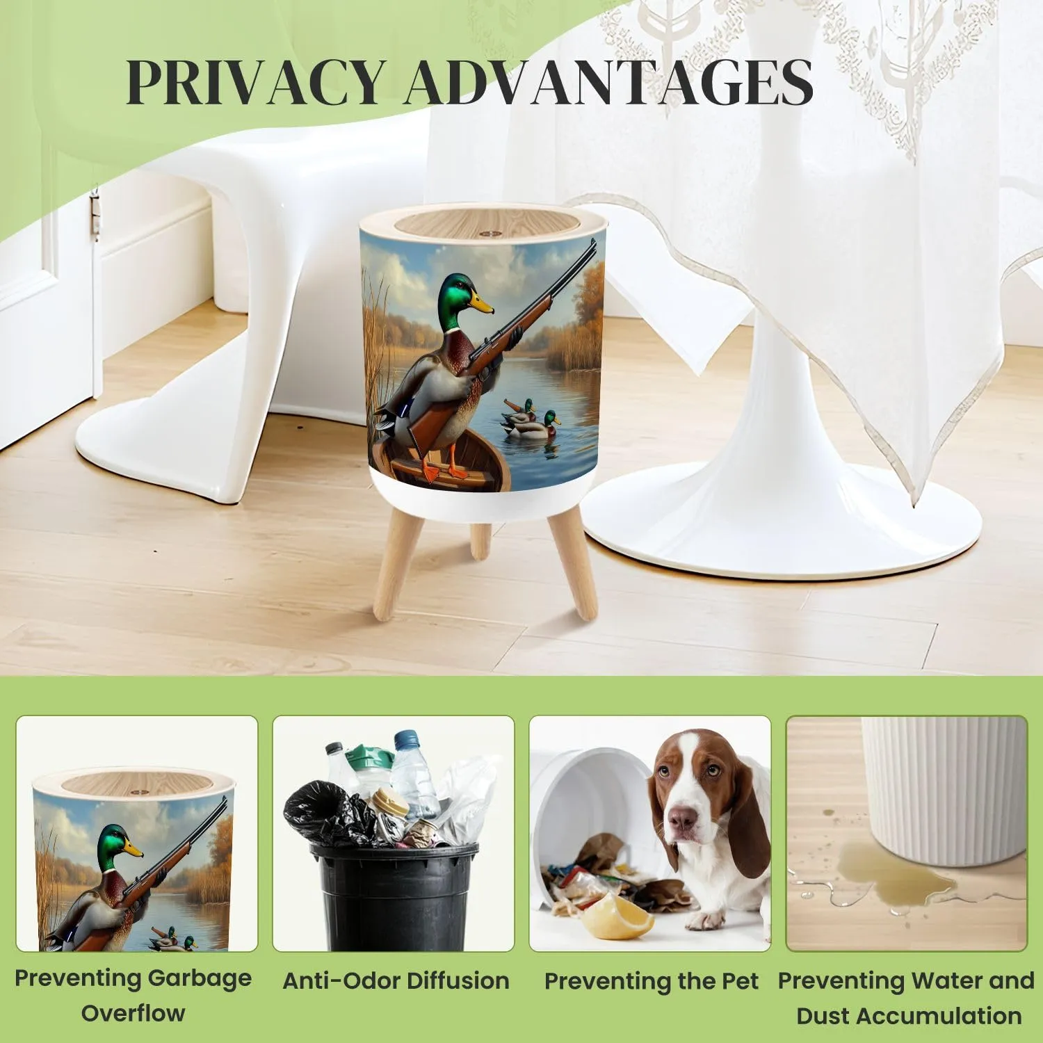 Small Trash Can with Lid Duck Hunting Wild Rustic Lovers Mallard Rifle Rowboat Serene Lake Round Press Top Garbage Can with Legs Trash Bin Waste Basket for Kitchen Bedroom Bathroom 7L/1.8 Gallon