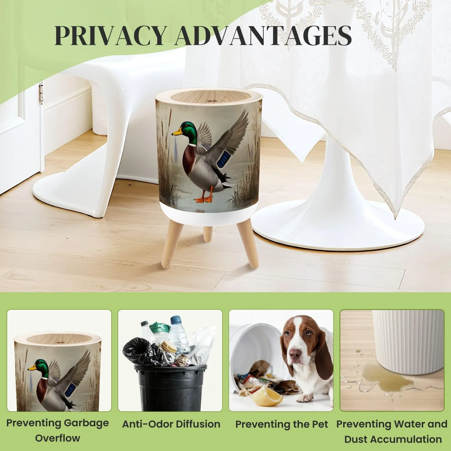 Small Trash Can with Lid Duck Hunting Wild Rustic Lovers Mallard Wetlands Reeds Water Round Press Top Garbage Can with Legs Trash Bin Waste Basket for Kitchen Bedroom Bathroom 7L/1.8 Gallon