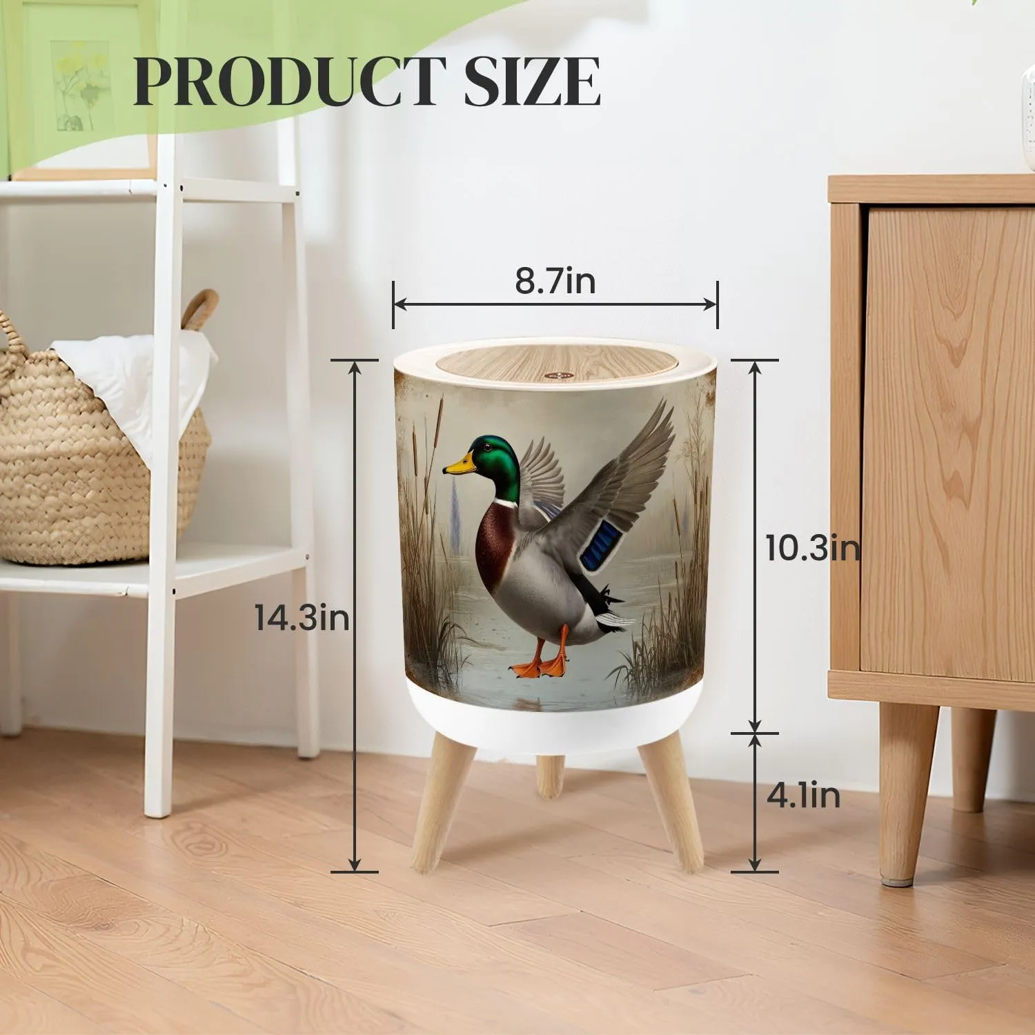 Small Trash Can with Lid Duck Hunting Wild Rustic Lovers Mallard Wetlands Reeds Water Round Press Top Garbage Can with Legs Trash Bin Waste Basket for Kitchen Bedroom Bathroom 7L/1.8 Gallon