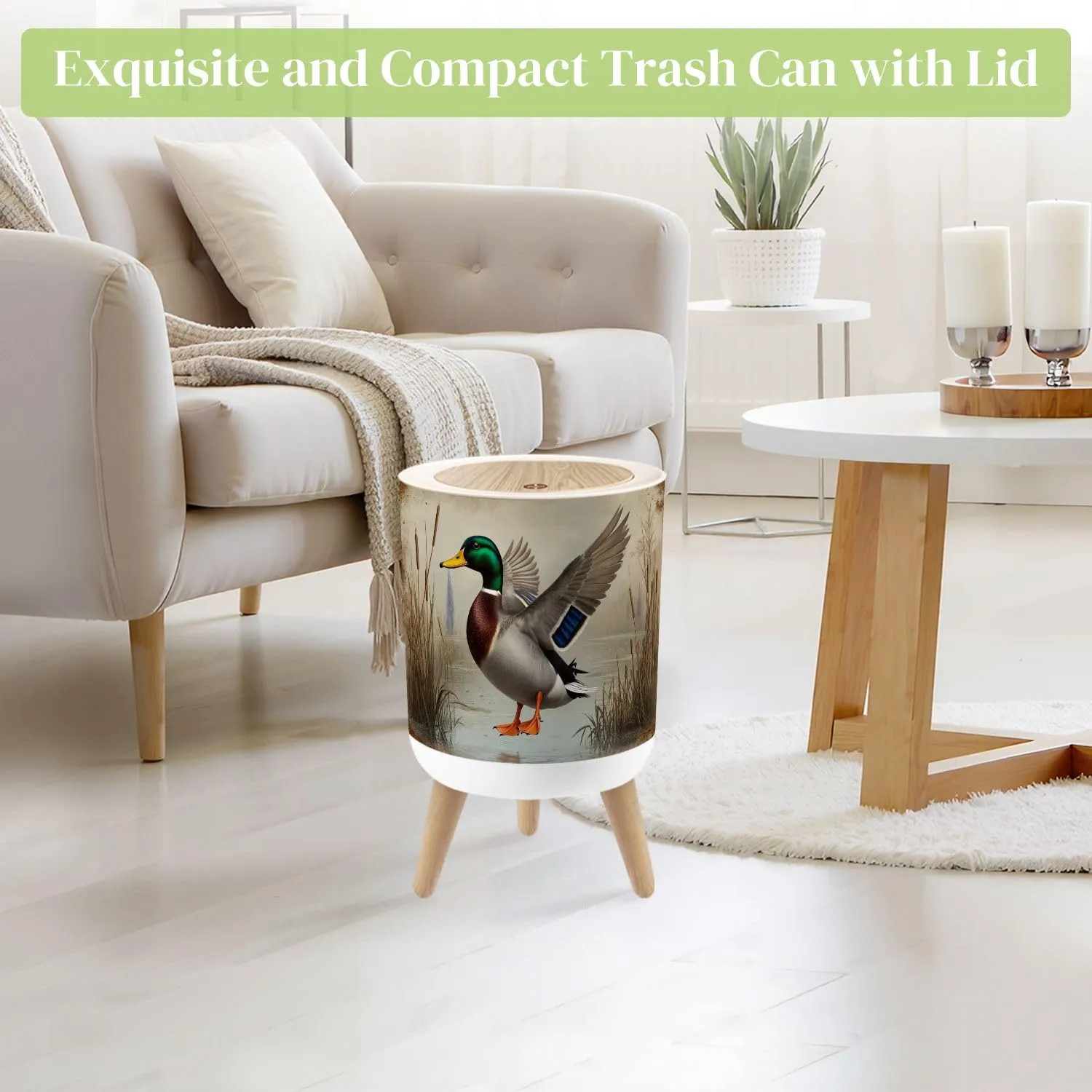 Small Trash Can with Lid Duck Hunting Wild Rustic Lovers Mallard Wetlands Reeds Water Round Press Top Garbage Can with Legs Trash Bin Waste Basket for Kitchen Bedroom Bathroom 7L/1.8 Gallon