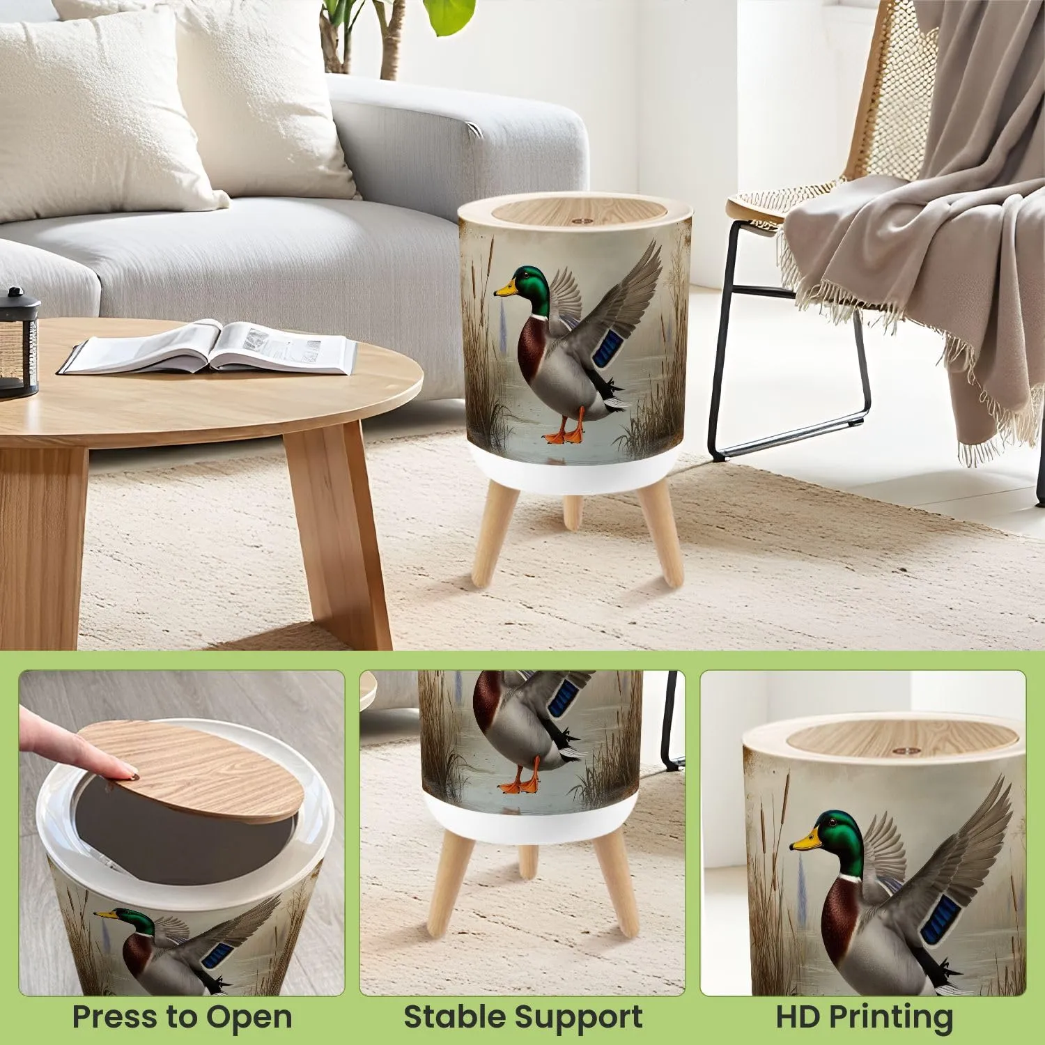 Small Trash Can with Lid Duck Hunting Wild Rustic Lovers Mallard Wetlands Reeds Water Round Press Top Garbage Can with Legs Trash Bin Waste Basket for Kitchen Bedroom Bathroom 7L/1.8 Gallon
