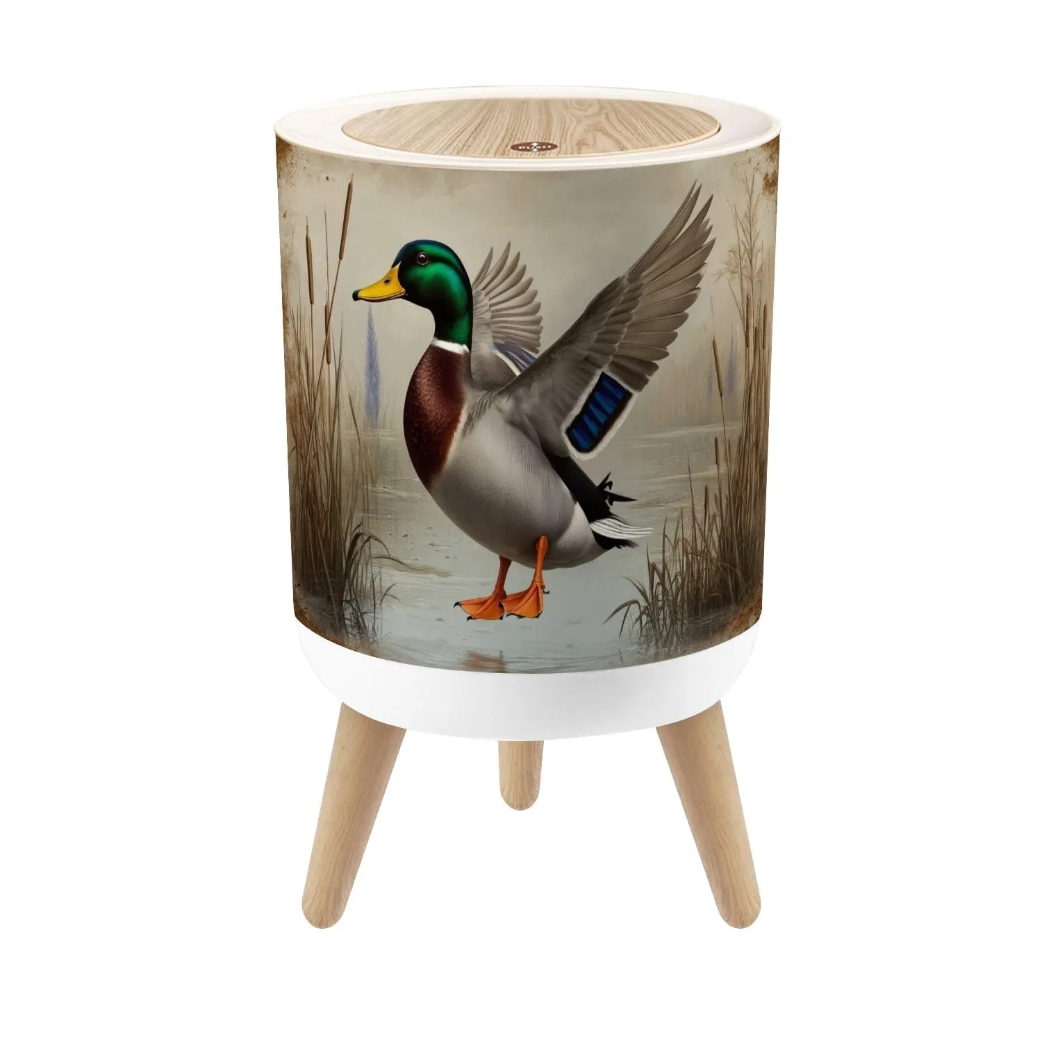 Small Trash Can with Lid Duck Hunting Wild Rustic Lovers Mallard Wetlands Reeds Water Round Press Top Garbage Can with Legs Trash Bin Waste Basket for Kitchen Bedroom Bathroom 7L/1.8 Gallon