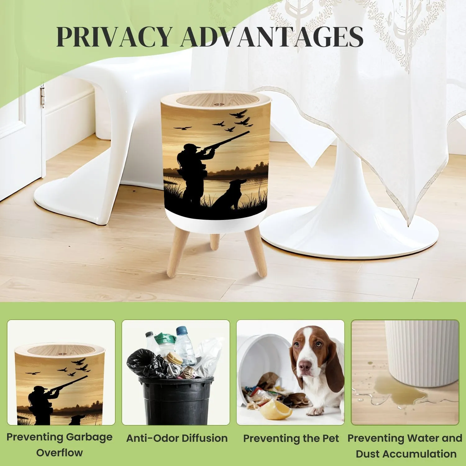 Small Trash Can with Lid Duck Hunting Wild Rustic Lovers Silhouette Dog Companion Birds Round Press Top Garbage Can with Legs Trash Bin Waste Basket for Kitchen Bedroom Bathroom 7L/1.8 Gallon