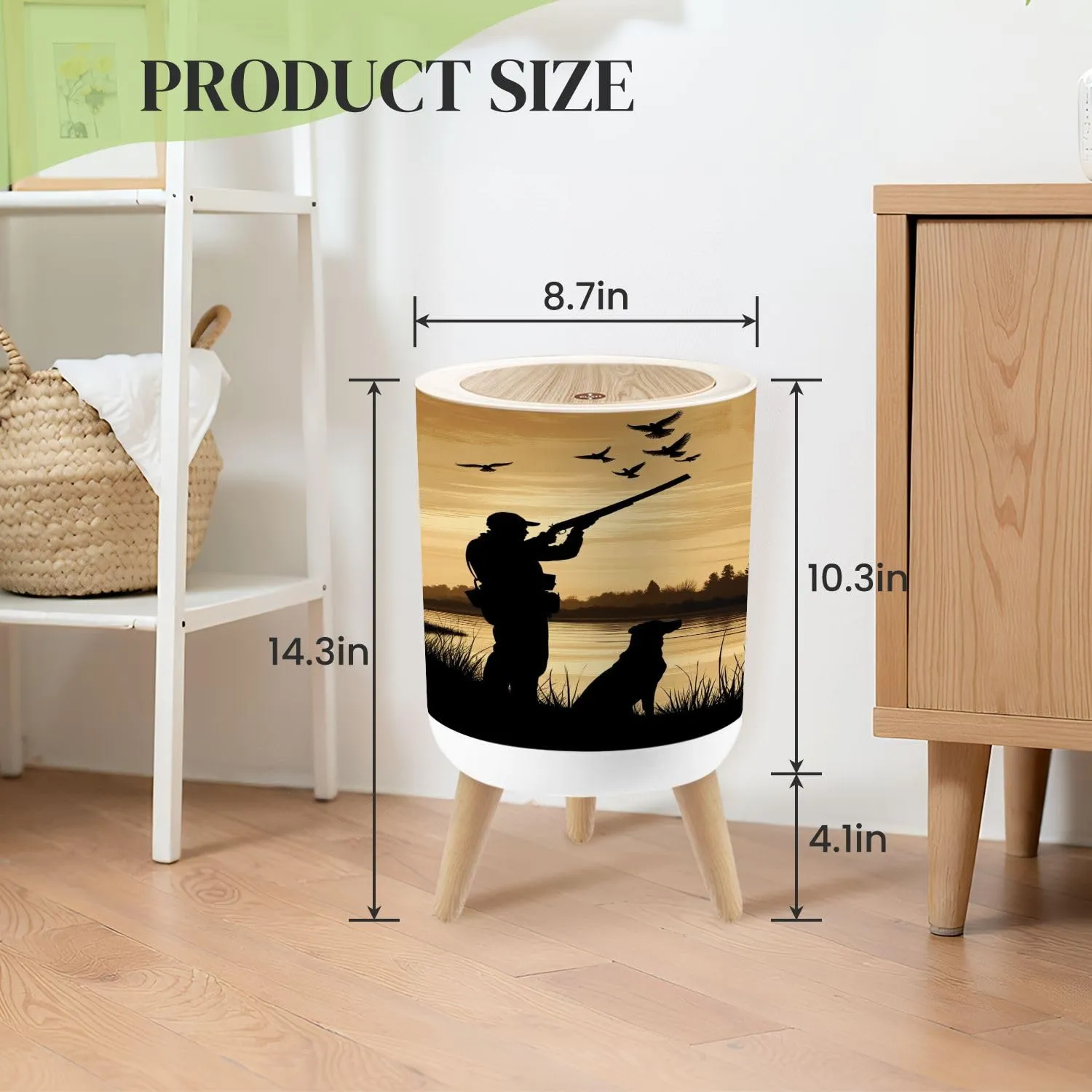 Small Trash Can with Lid Duck Hunting Wild Rustic Lovers Silhouette Dog Companion Birds Round Press Top Garbage Can with Legs Trash Bin Waste Basket for Kitchen Bedroom Bathroom 7L/1.8 Gallon