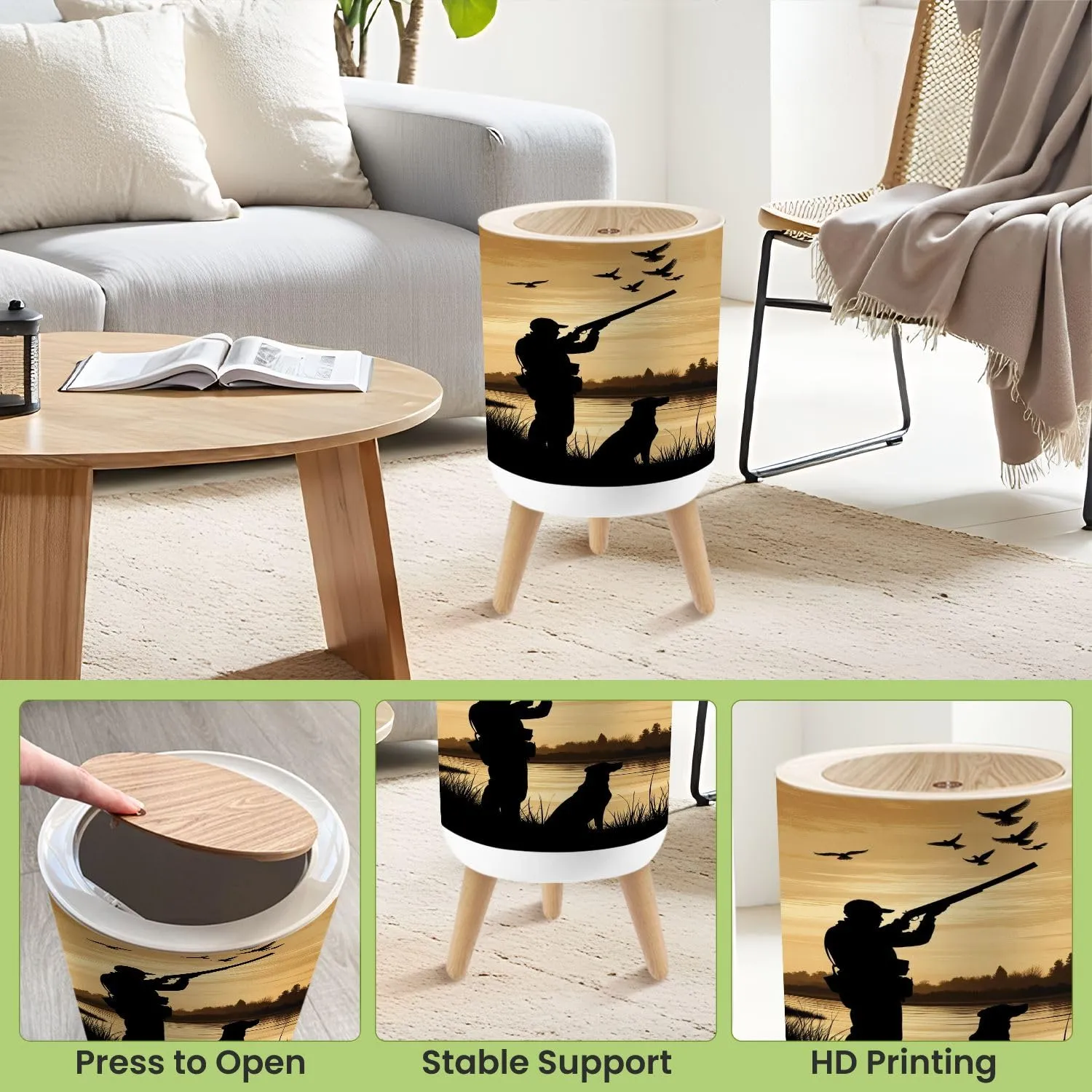 Small Trash Can with Lid Duck Hunting Wild Rustic Lovers Silhouette Dog Companion Birds Round Press Top Garbage Can with Legs Trash Bin Waste Basket for Kitchen Bedroom Bathroom 7L/1.8 Gallon