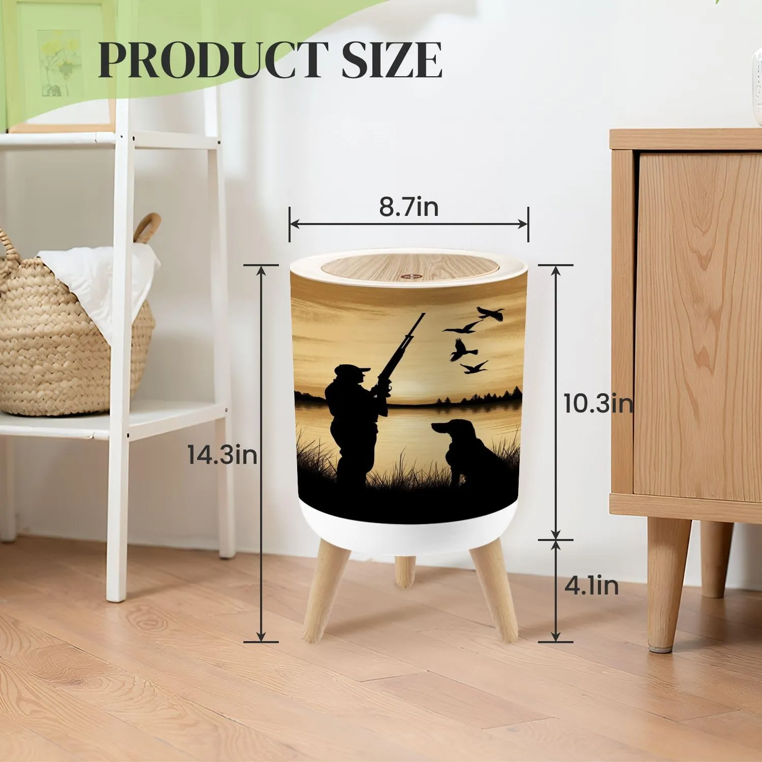 Small Trash Can with Lid Duck Hunting Wild Rustic Lovers Silhouette Loyal Dog Birds Calm Lake Round Press Top Garbage Can with Legs Trash Bin Waste Basket for Kitchen Bedroom Bathroom 7L/1.8 Gallon
