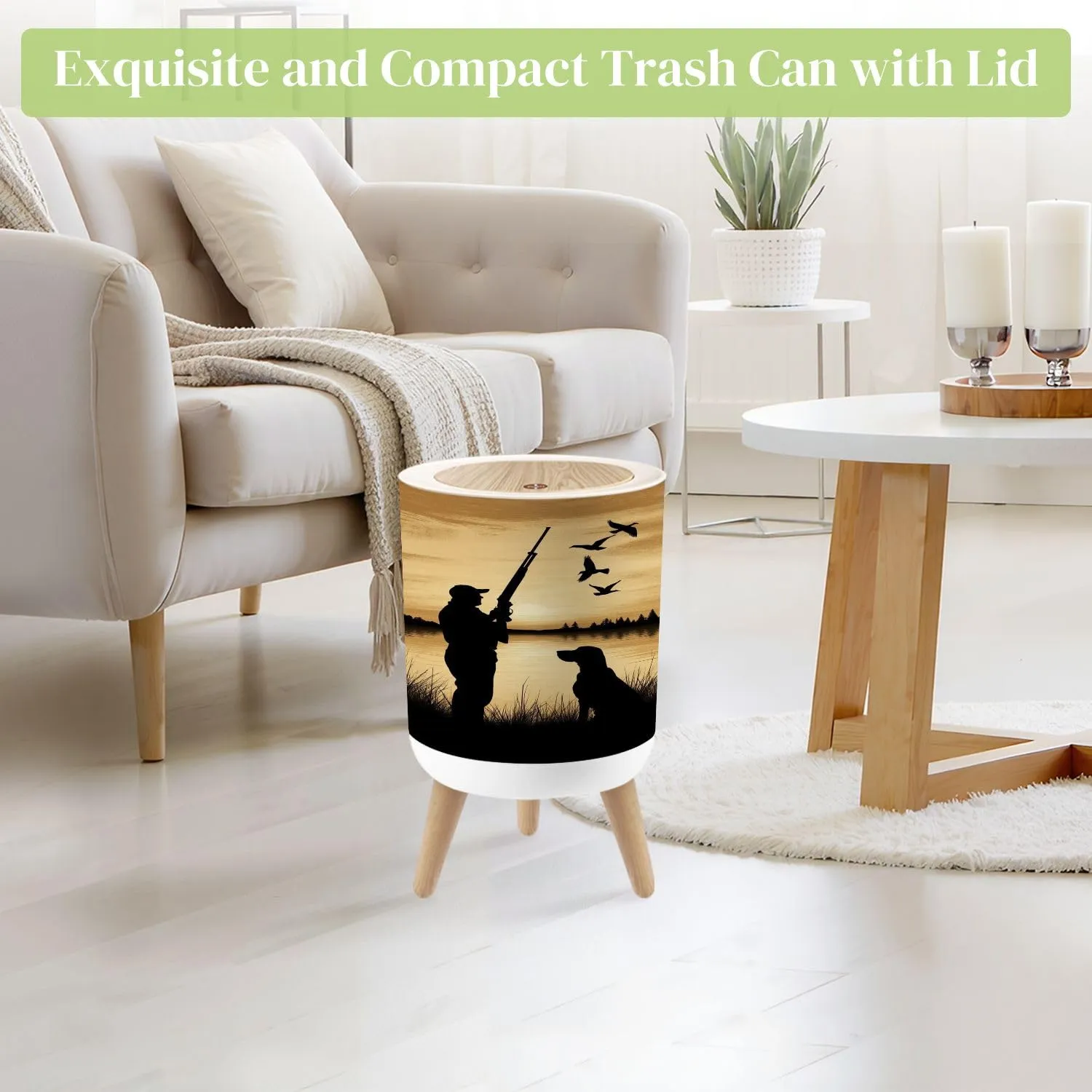 Small Trash Can with Lid Duck Hunting Wild Rustic Lovers Silhouette Loyal Dog Birds Calm Lake Round Press Top Garbage Can with Legs Trash Bin Waste Basket for Kitchen Bedroom Bathroom 7L/1.8 Gallon