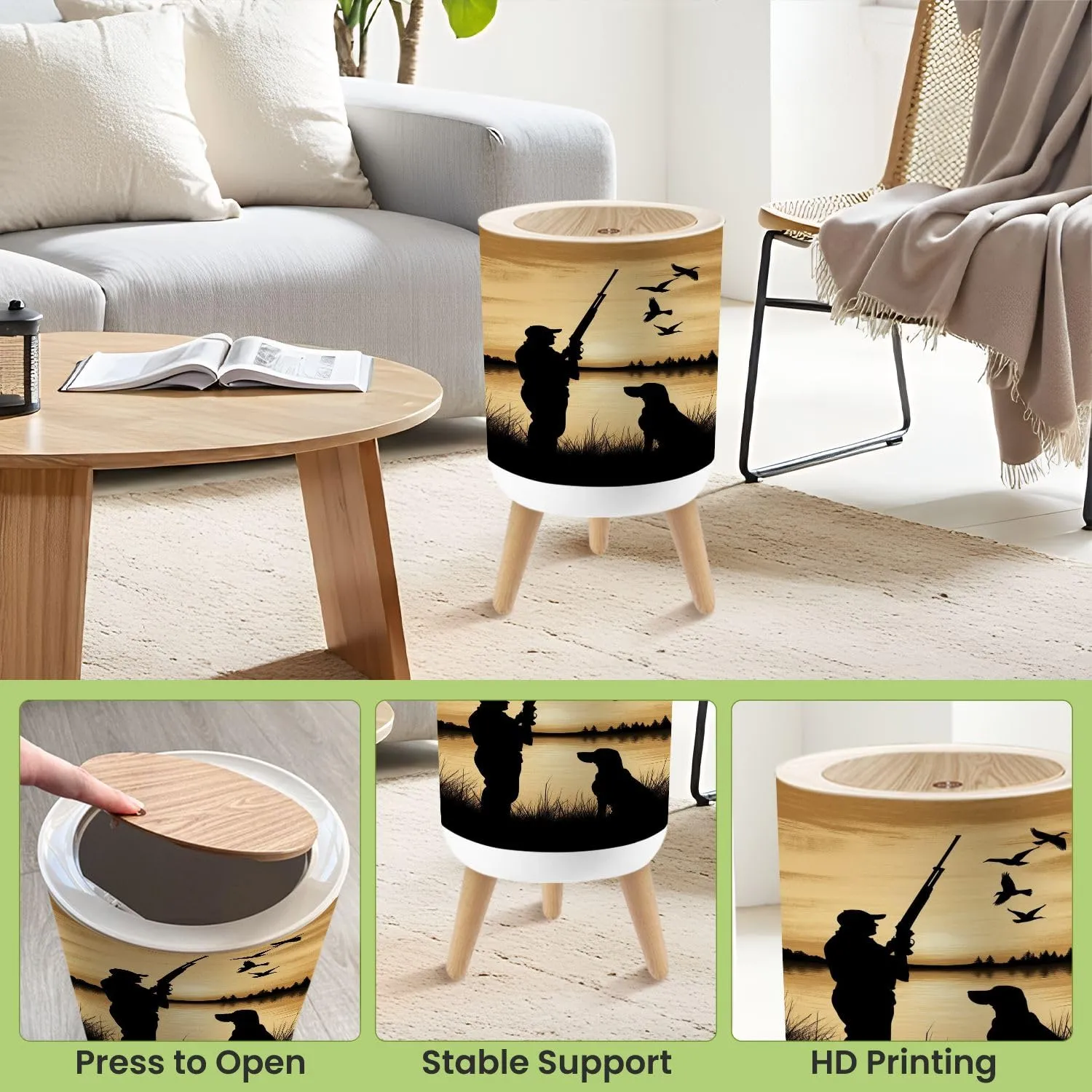 Small Trash Can with Lid Duck Hunting Wild Rustic Lovers Silhouette Loyal Dog Birds Calm Lake Round Press Top Garbage Can with Legs Trash Bin Waste Basket for Kitchen Bedroom Bathroom 7L/1.8 Gallon