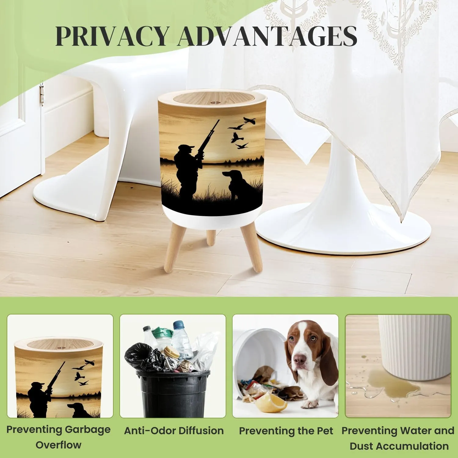 Small Trash Can with Lid Duck Hunting Wild Rustic Lovers Silhouette Loyal Dog Birds Calm Lake Round Press Top Garbage Can with Legs Trash Bin Waste Basket for Kitchen Bedroom Bathroom 7L/1.8 Gallon