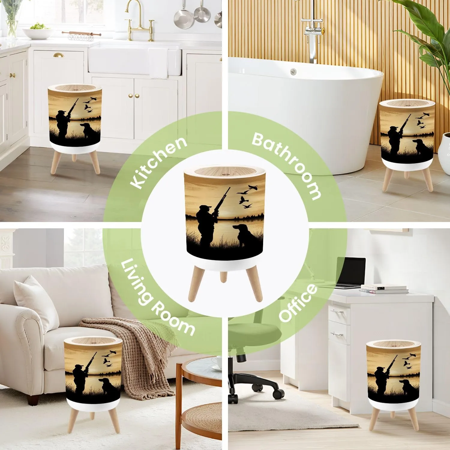 Small Trash Can with Lid Duck Hunting Wild Rustic Lovers Silhouette Loyal Dog Birds Calm Lake Round Press Top Garbage Can with Legs Trash Bin Waste Basket for Kitchen Bedroom Bathroom 7L/1.8 Gallon