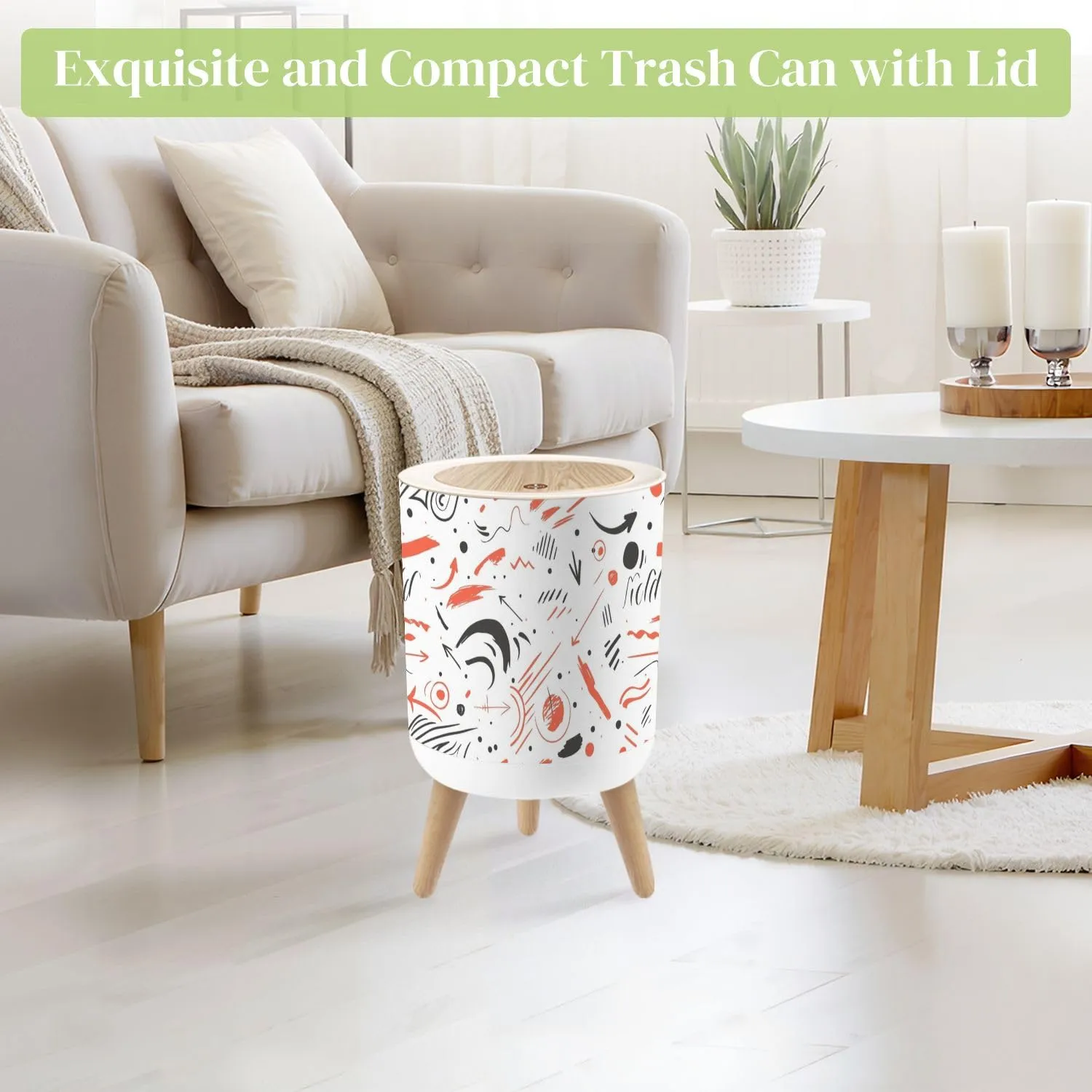 Small Trash Can with Lid Hand drawn doodle ink thinking plan Business seamless pattern Drawing Round Press Top Garbage Can with Legs Trash Bin Waste Basket for Kitchen Bedroom Bathroom 7L/1.8 Gallon
