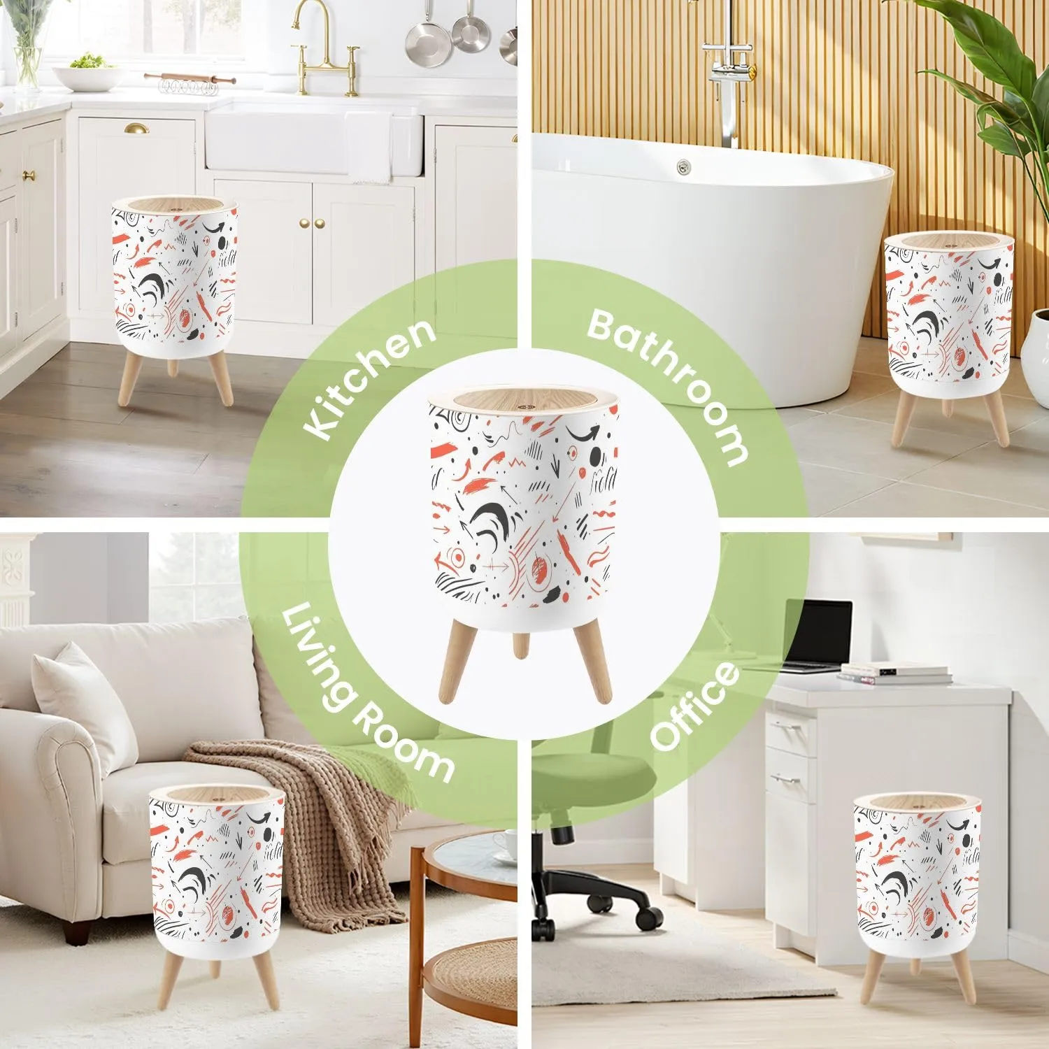 Small Trash Can with Lid Hand drawn doodle ink thinking plan Business seamless pattern Drawing Round Press Top Garbage Can with Legs Trash Bin Waste Basket for Kitchen Bedroom Bathroom 7L/1.8 Gallon