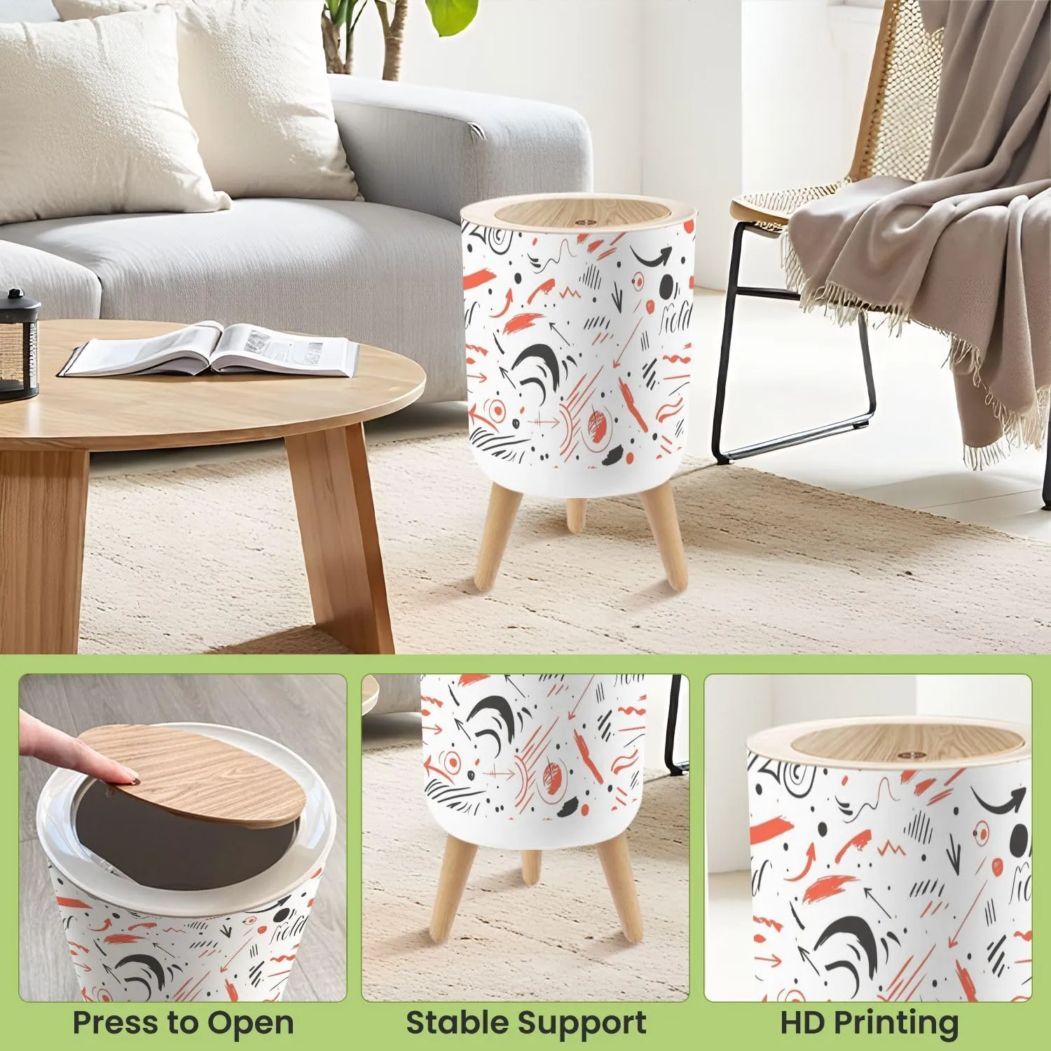 Small Trash Can with Lid Hand drawn doodle ink thinking plan Business seamless pattern Drawing Round Press Top Garbage Can with Legs Trash Bin Waste Basket for Kitchen Bedroom Bathroom 7L/1.8 Gallon