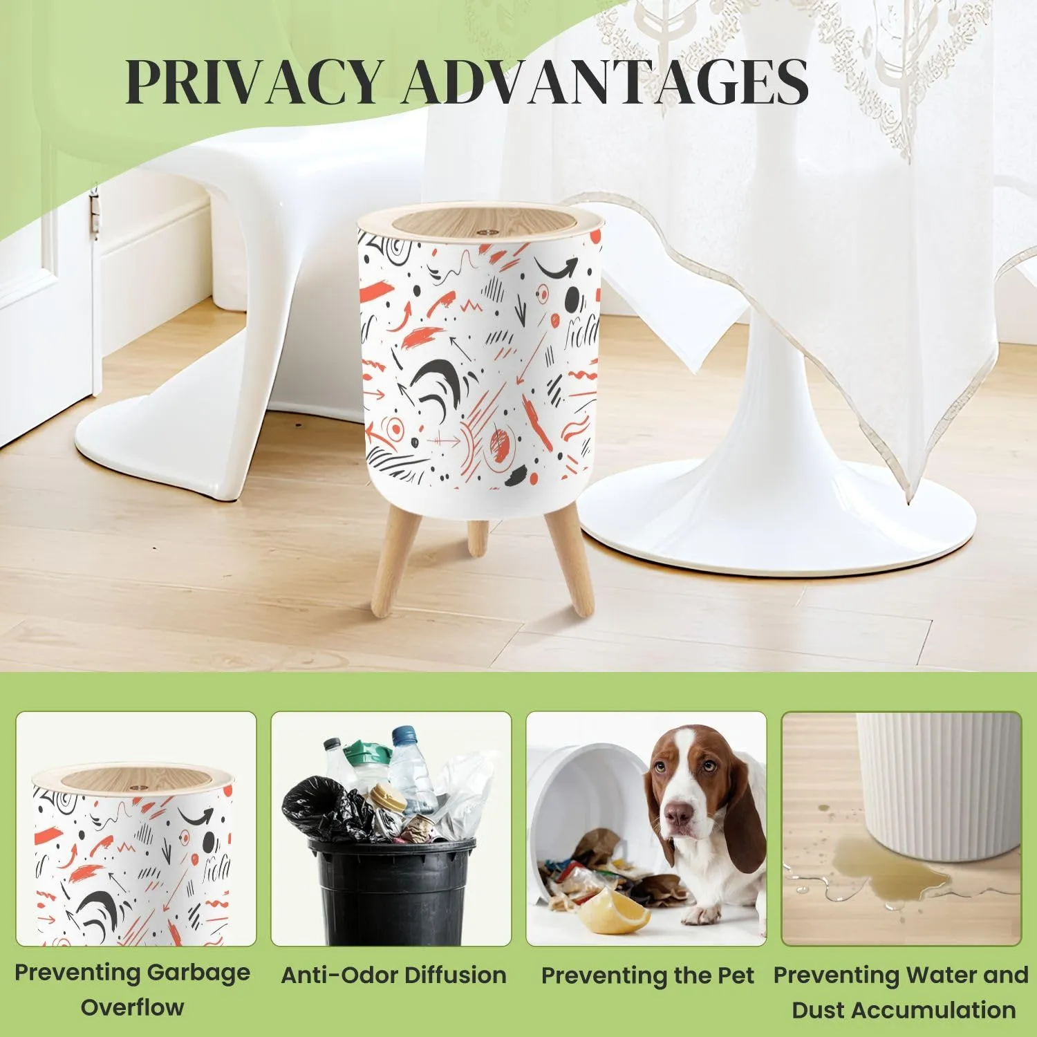 Small Trash Can with Lid Hand drawn doodle ink thinking plan Business seamless pattern Drawing Round Press Top Garbage Can with Legs Trash Bin Waste Basket for Kitchen Bedroom Bathroom 7L/1.8 Gallon