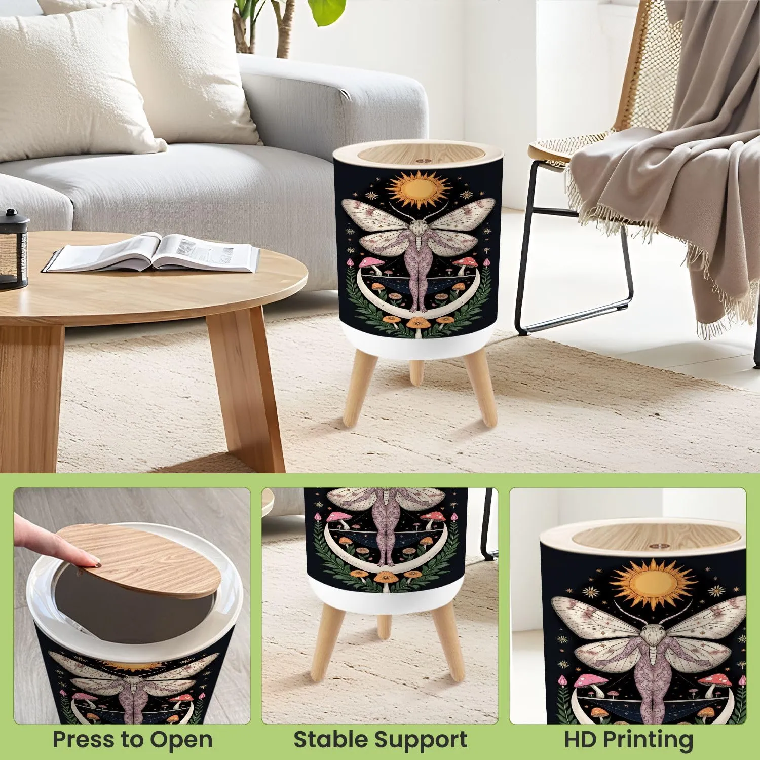 Small Trash Can with Lid Mystical Boho Moody Black Floral Aesthetic Vintage Hippie Celestial Round Press Top Garbage Can with Legs Trash Bin Waste Basket for Kitchen Bedroom Bathroom 7L/1.8 Gallon