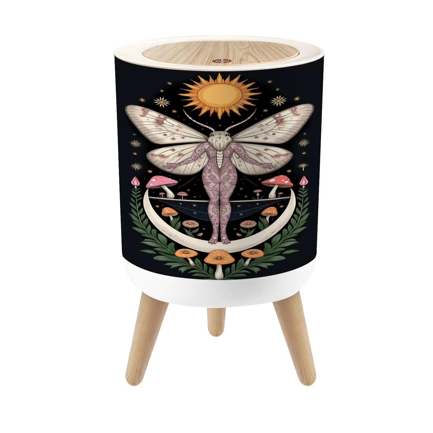 Small Trash Can with Lid Mystical Boho Moody Black Floral Aesthetic Vintage Hippie Celestial Round Press Top Garbage Can with Legs Trash Bin Waste Basket for Kitchen Bedroom Bathroom 7L/1.8 Gallon