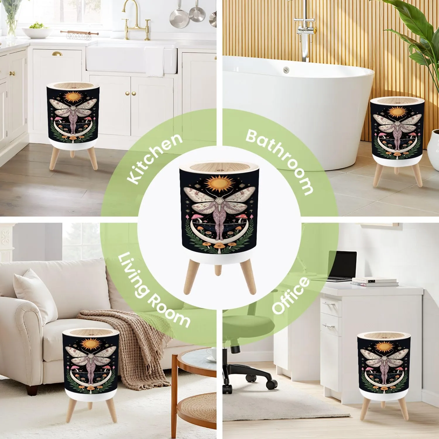Small Trash Can with Lid Mystical Boho Moody Black Floral Aesthetic Vintage Hippie Celestial Round Press Top Garbage Can with Legs Trash Bin Waste Basket for Kitchen Bedroom Bathroom 7L/1.8 Gallon
