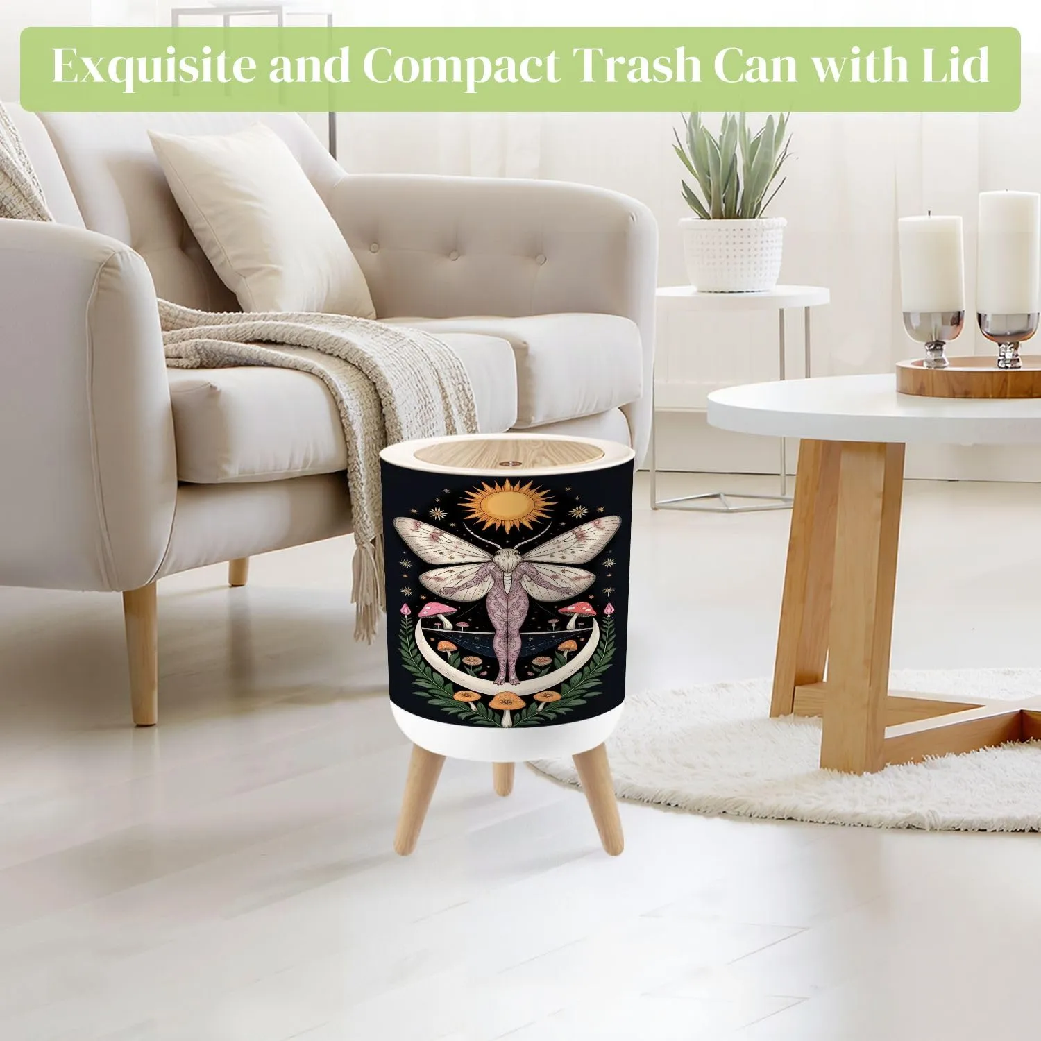Small Trash Can with Lid Mystical Boho Moody Black Floral Aesthetic Vintage Hippie Celestial Round Press Top Garbage Can with Legs Trash Bin Waste Basket for Kitchen Bedroom Bathroom 7L/1.8 Gallon