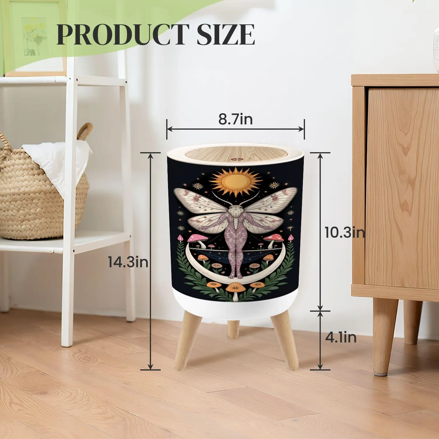 Small Trash Can with Lid Mystical Boho Moody Black Floral Aesthetic Vintage Hippie Celestial Round Press Top Garbage Can with Legs Trash Bin Waste Basket for Kitchen Bedroom Bathroom 7L/1.8 Gallon