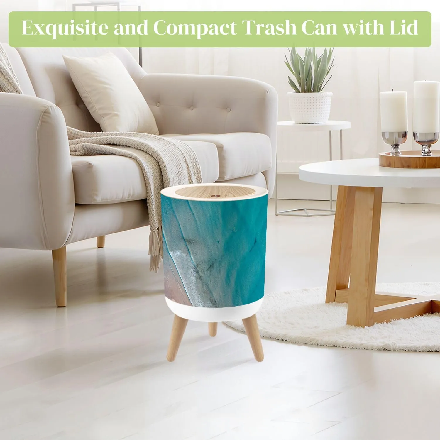 Small Trash Can with Lid Noosa Sunrise Scene Beautiful Sand Surfers Water Round Press Top Garbage Can with Legs Trash Bin Waste Basket for Kitchen Bedroom Bathroom 7L/1.8 Gallon