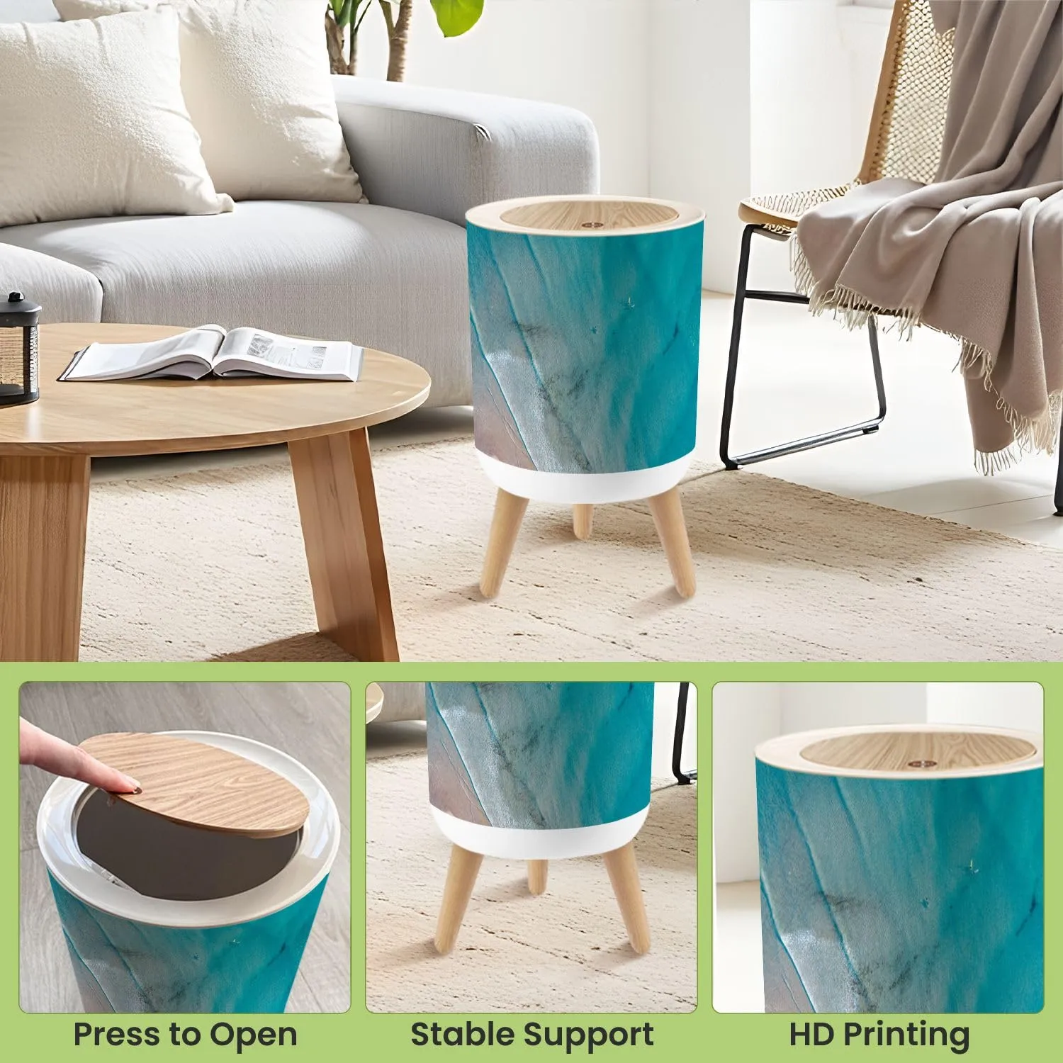 Small Trash Can with Lid Noosa Sunrise Scene Beautiful Sand Surfers Water Round Press Top Garbage Can with Legs Trash Bin Waste Basket for Kitchen Bedroom Bathroom 7L/1.8 Gallon