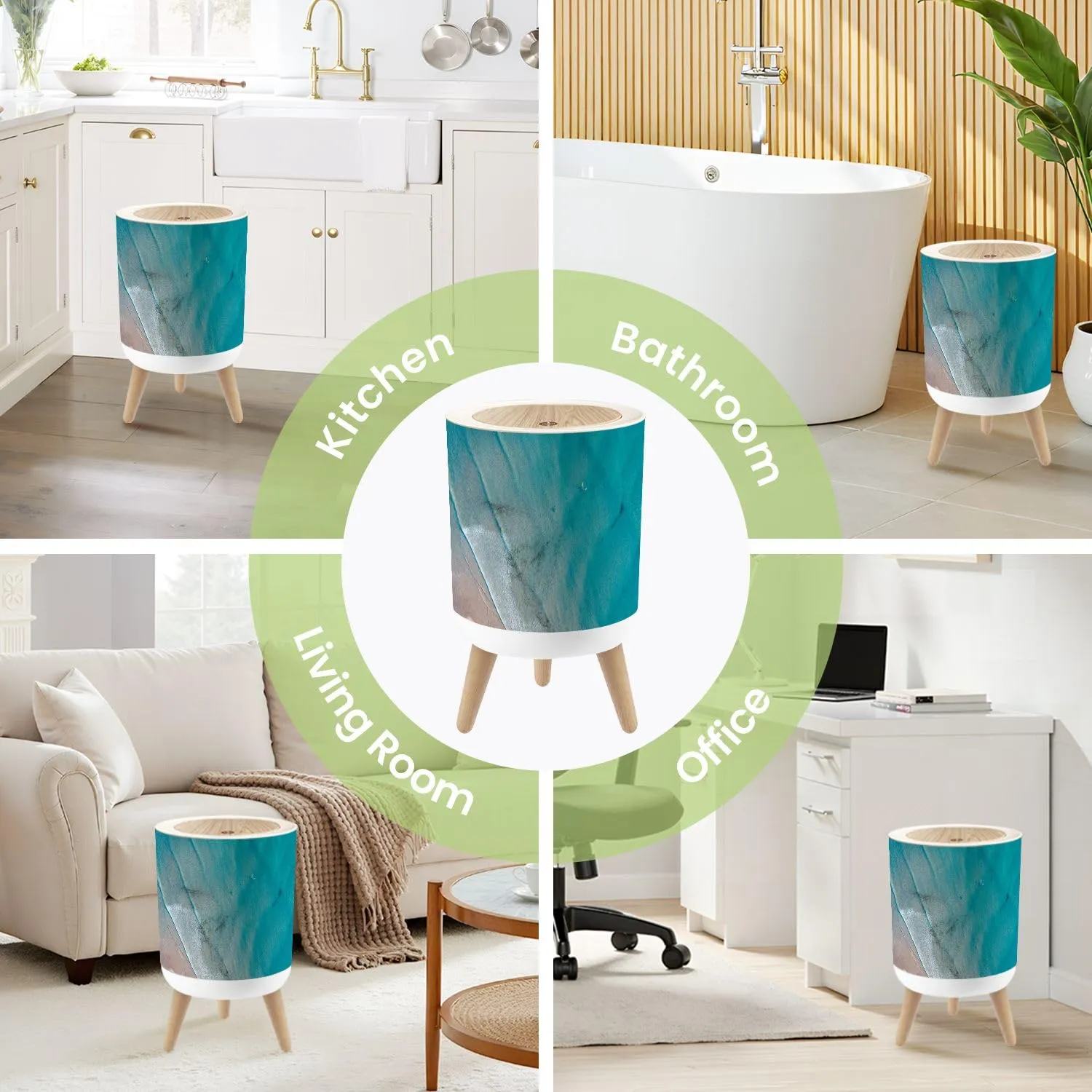 Small Trash Can with Lid Noosa Sunrise Scene Beautiful Sand Surfers Water Round Press Top Garbage Can with Legs Trash Bin Waste Basket for Kitchen Bedroom Bathroom 7L/1.8 Gallon