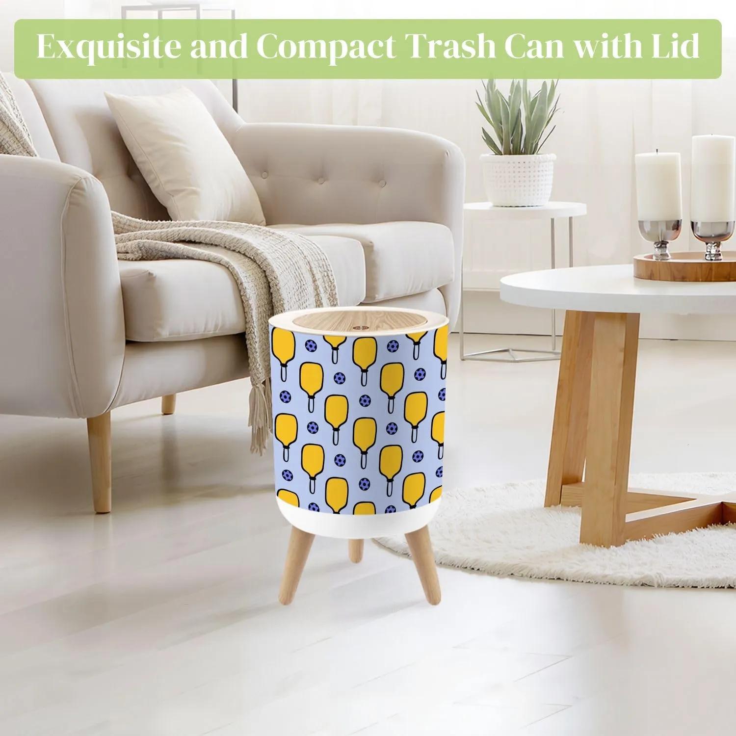 Small Trash Can with Lid pickleball balls paddle Sport seamless doodle paddle Design for print Round Press Top Garbage Can with Legs Trash Bin Waste Basket for Kitchen Bedroom Bathroom 7L/1.8 Gallon