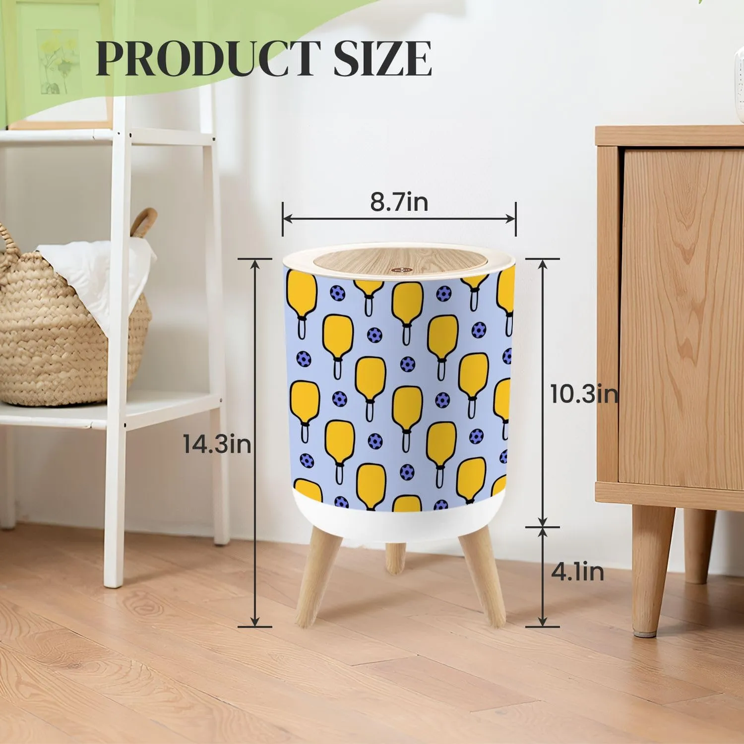 Small Trash Can with Lid pickleball balls paddle Sport seamless doodle paddle Design for print Round Press Top Garbage Can with Legs Trash Bin Waste Basket for Kitchen Bedroom Bathroom 7L/1.8 Gallon