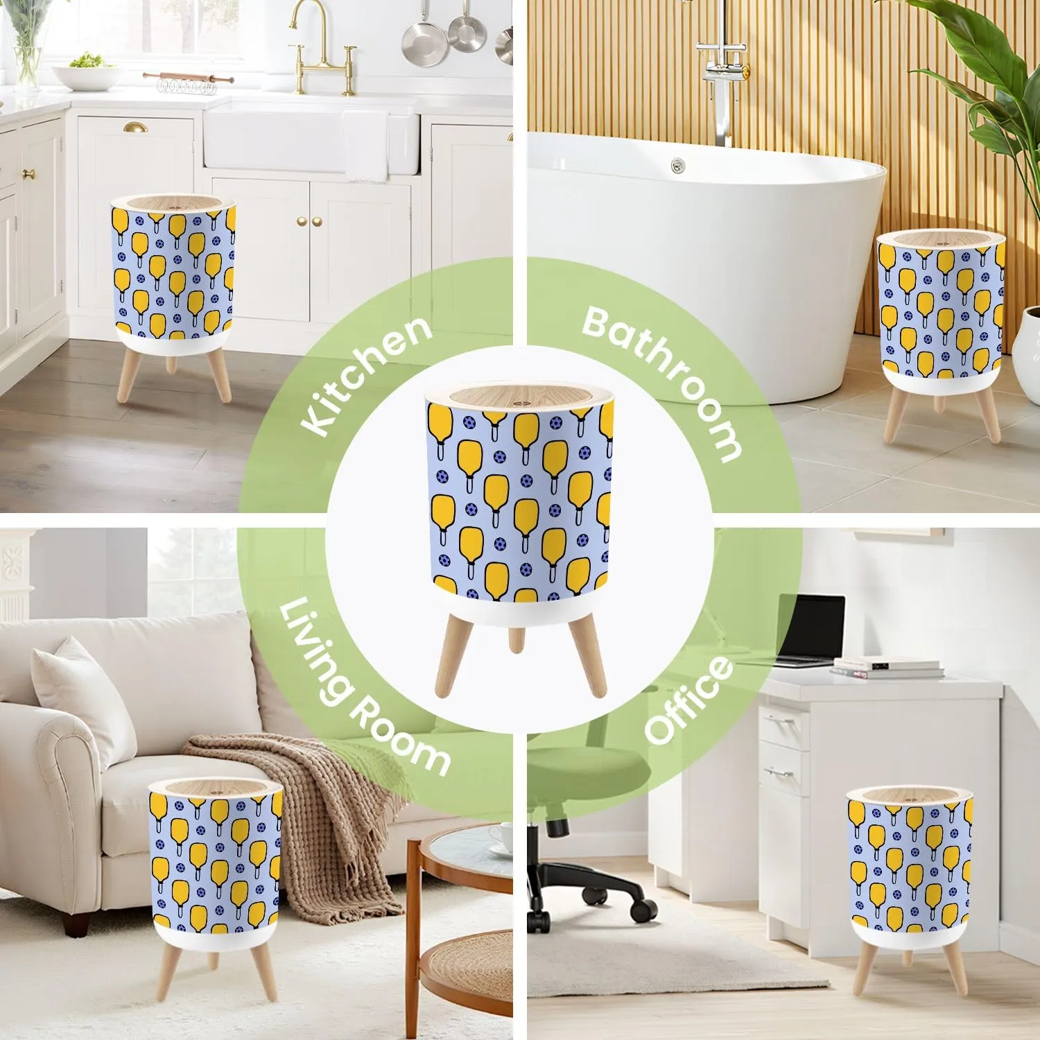 Small Trash Can with Lid pickleball balls paddle Sport seamless doodle paddle Design for print Round Press Top Garbage Can with Legs Trash Bin Waste Basket for Kitchen Bedroom Bathroom 7L/1.8 Gallon