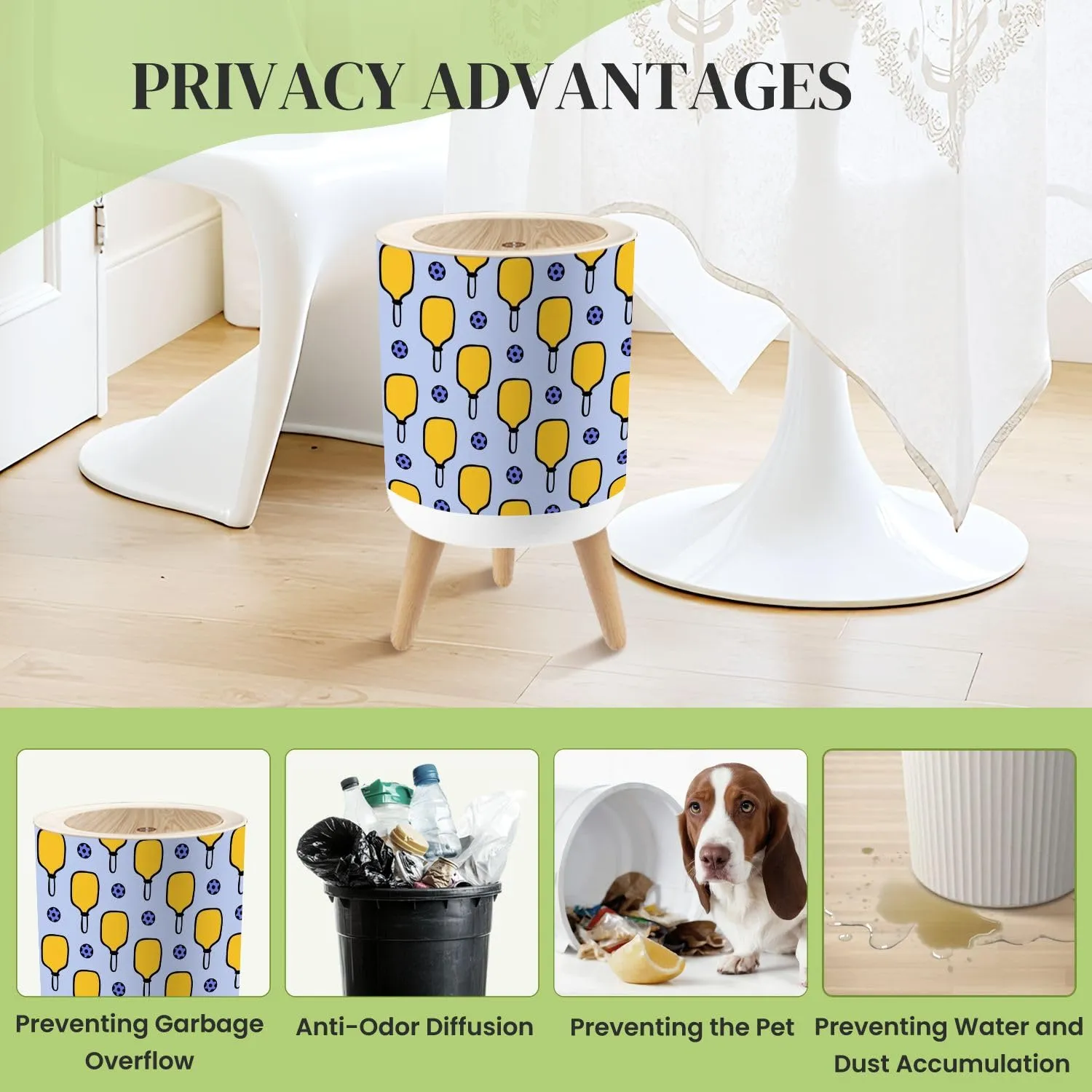 Small Trash Can with Lid pickleball balls paddle Sport seamless doodle paddle Design for print Round Press Top Garbage Can with Legs Trash Bin Waste Basket for Kitchen Bedroom Bathroom 7L/1.8 Gallon