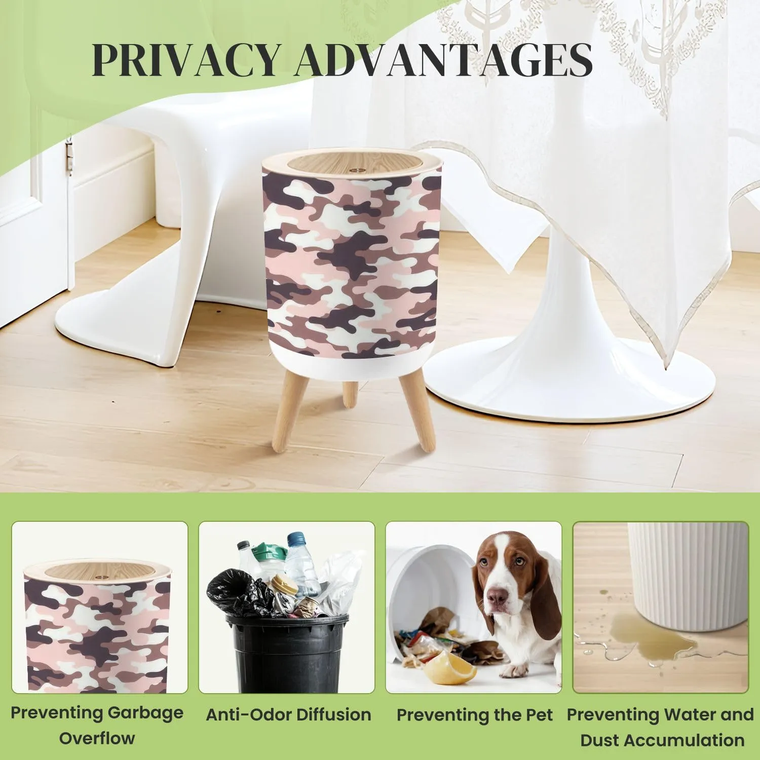 Small Trash Can with Lid pink military camouflage seamless print camouflage for clothing Round Press Top Garbage Can with Legs Trash Bin Waste Basket for Kitchen Bedroom Bathroom 7L/1.8 Gallon