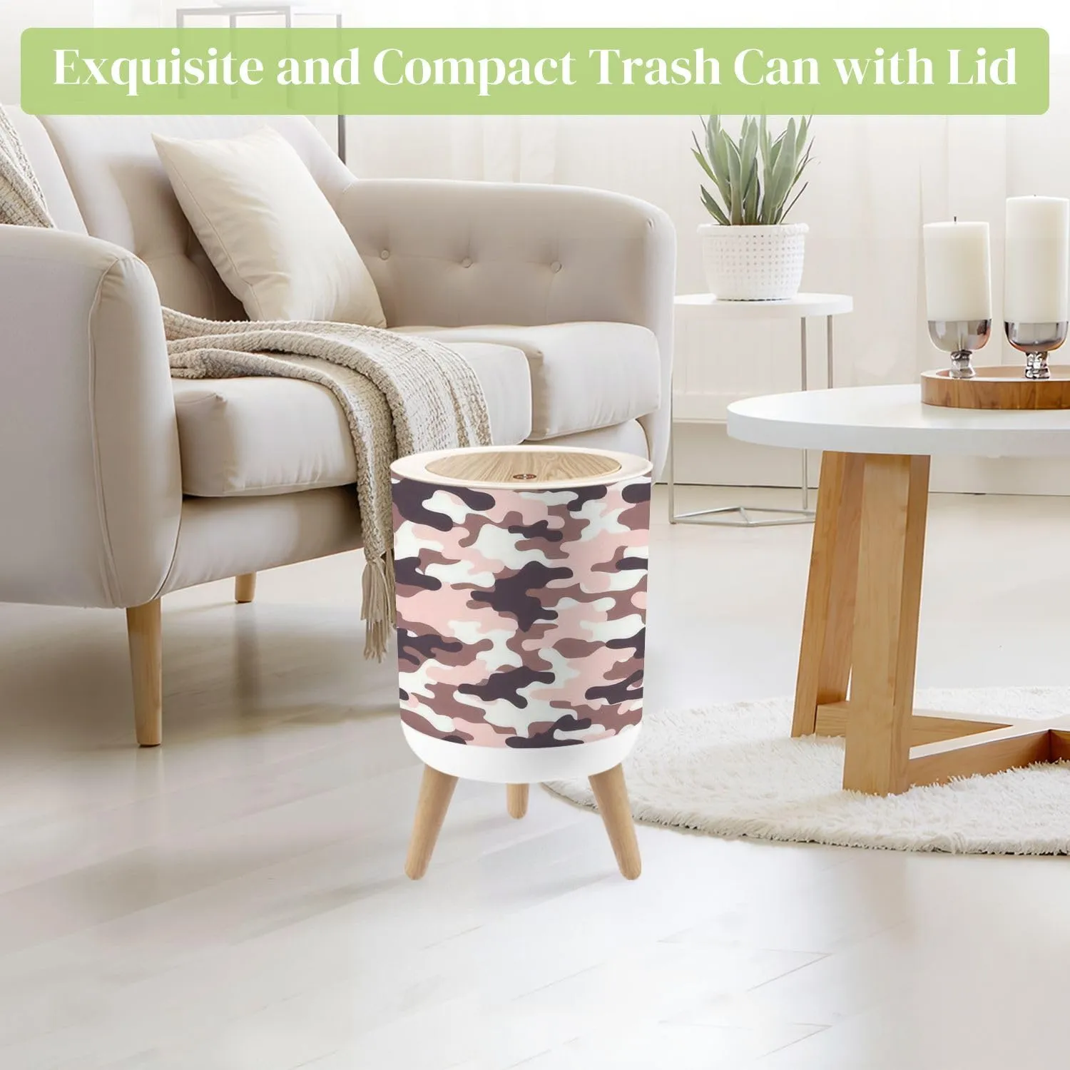 Small Trash Can with Lid pink military camouflage seamless print camouflage for clothing Round Press Top Garbage Can with Legs Trash Bin Waste Basket for Kitchen Bedroom Bathroom 7L/1.8 Gallon