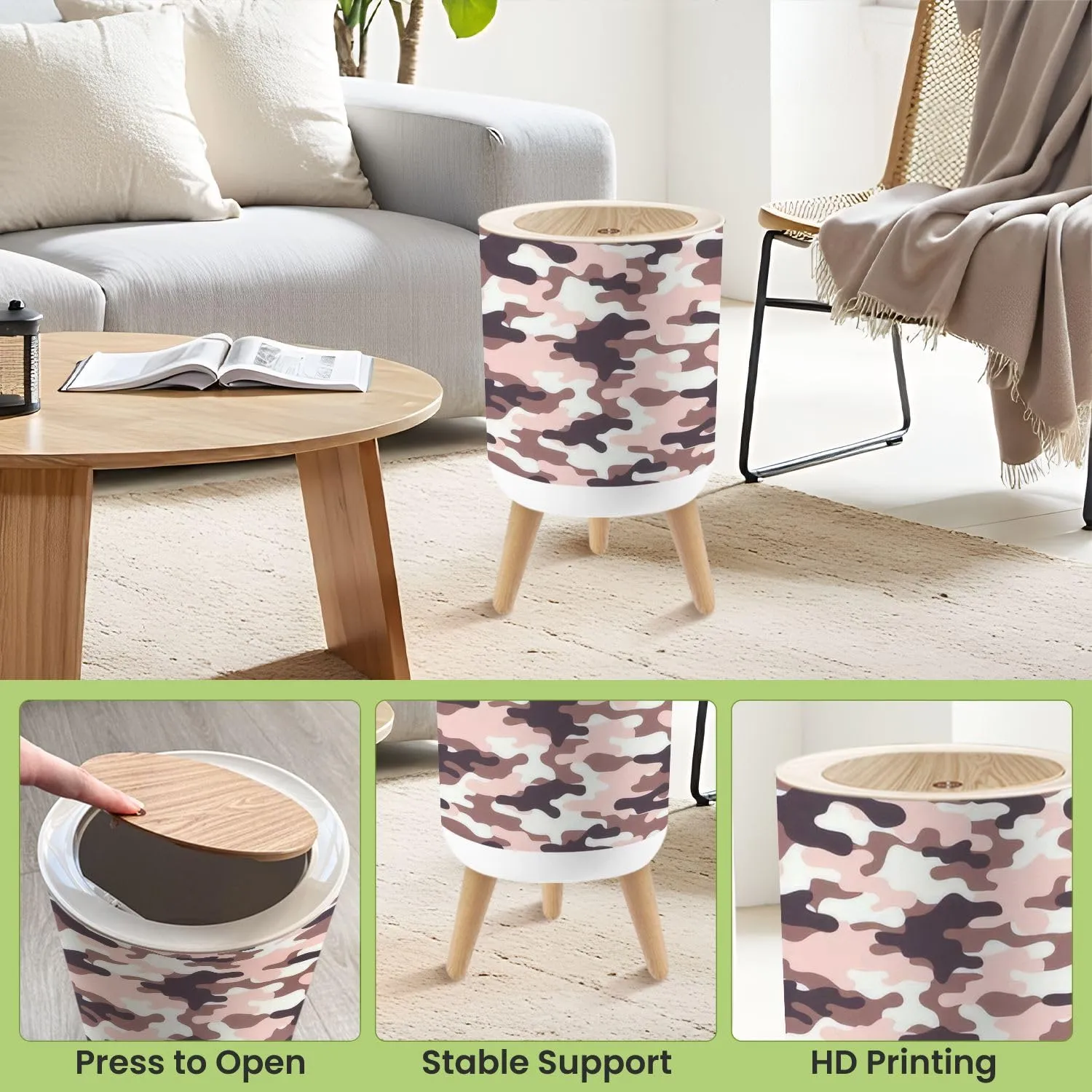 Small Trash Can with Lid pink military camouflage seamless print camouflage for clothing Round Press Top Garbage Can with Legs Trash Bin Waste Basket for Kitchen Bedroom Bathroom 7L/1.8 Gallon