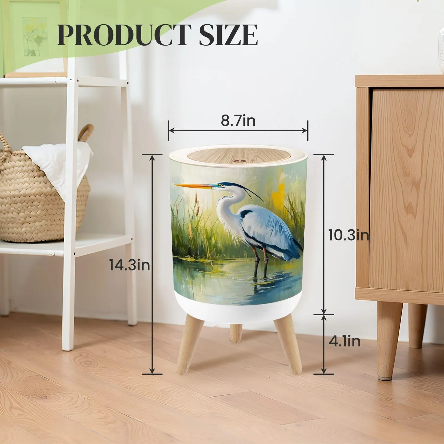 Small Trash Can with Lid Retro Waterfowl Trendy Eclectic Vintage Landscape Boho Oil Painting Round Press Top Garbage Can with Legs Trash Bin Waste Basket for Kitchen Bedroom Bathroom 7L/1.8 Gallon