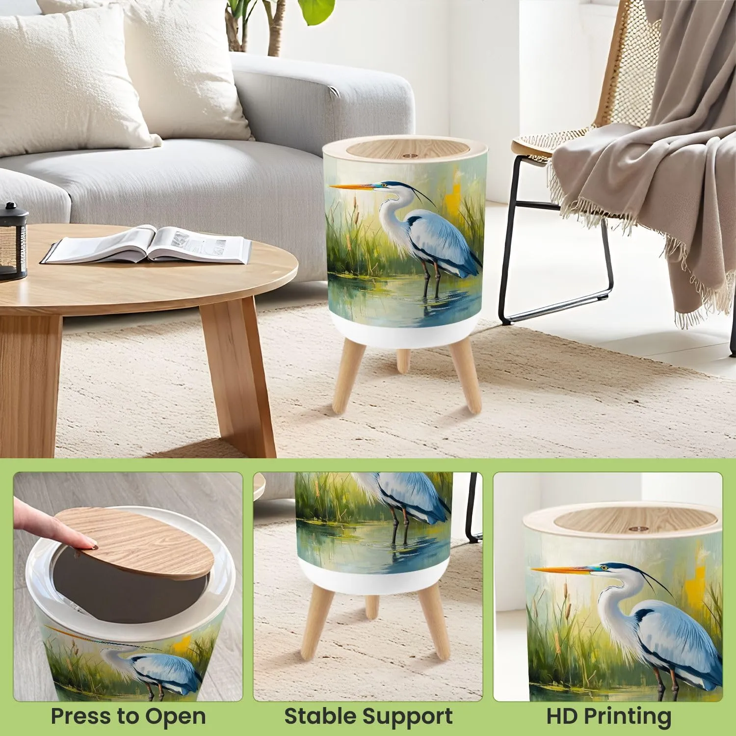 Small Trash Can with Lid Retro Waterfowl Trendy Eclectic Vintage Landscape Boho Oil Painting Round Press Top Garbage Can with Legs Trash Bin Waste Basket for Kitchen Bedroom Bathroom 7L/1.8 Gallon