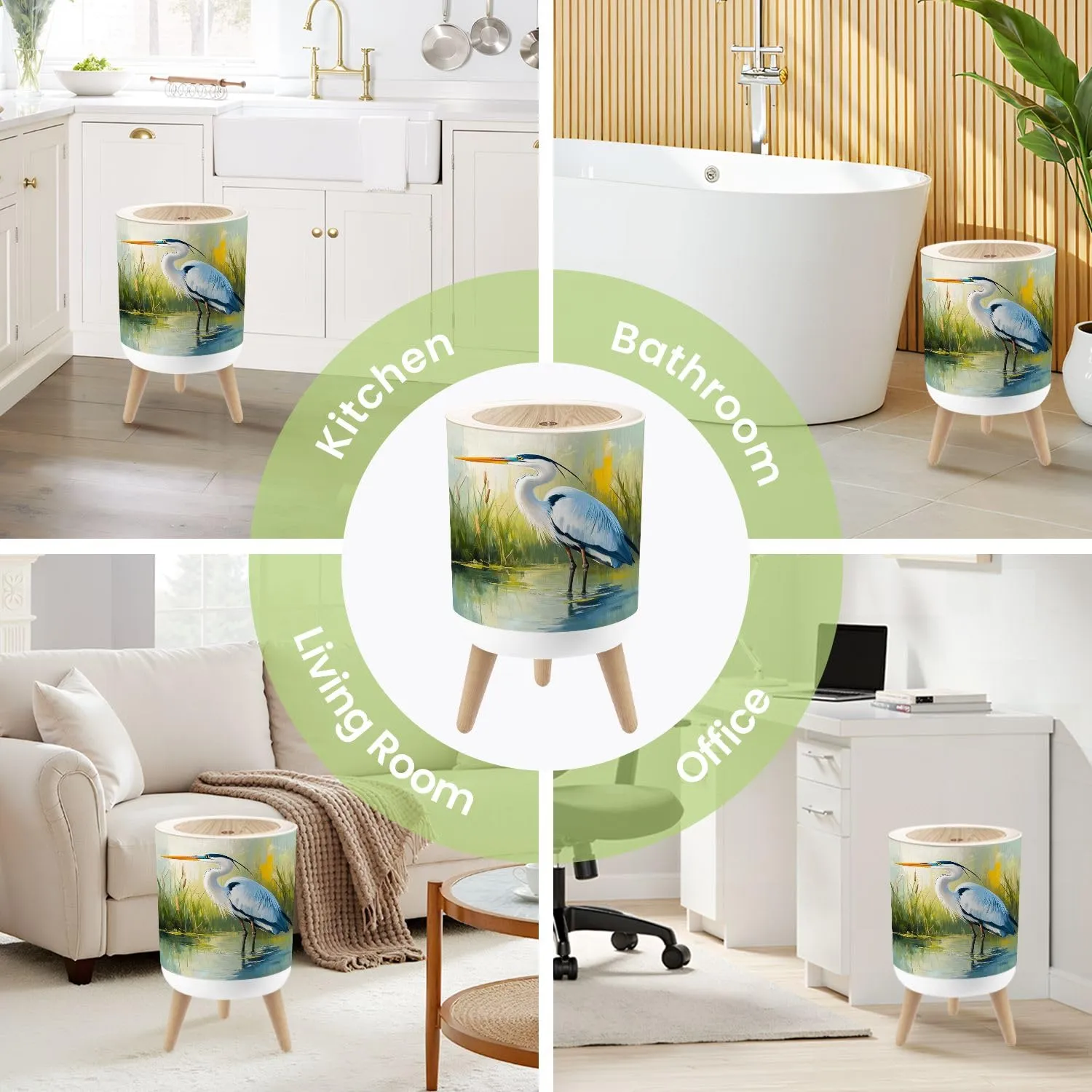 Small Trash Can with Lid Retro Waterfowl Trendy Eclectic Vintage Landscape Boho Oil Painting Round Press Top Garbage Can with Legs Trash Bin Waste Basket for Kitchen Bedroom Bathroom 7L/1.8 Gallon