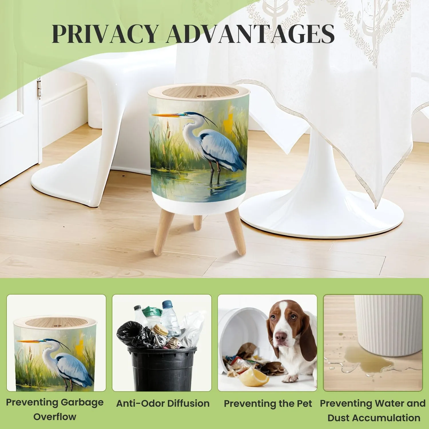 Small Trash Can with Lid Retro Waterfowl Trendy Eclectic Vintage Landscape Boho Oil Painting Round Press Top Garbage Can with Legs Trash Bin Waste Basket for Kitchen Bedroom Bathroom 7L/1.8 Gallon