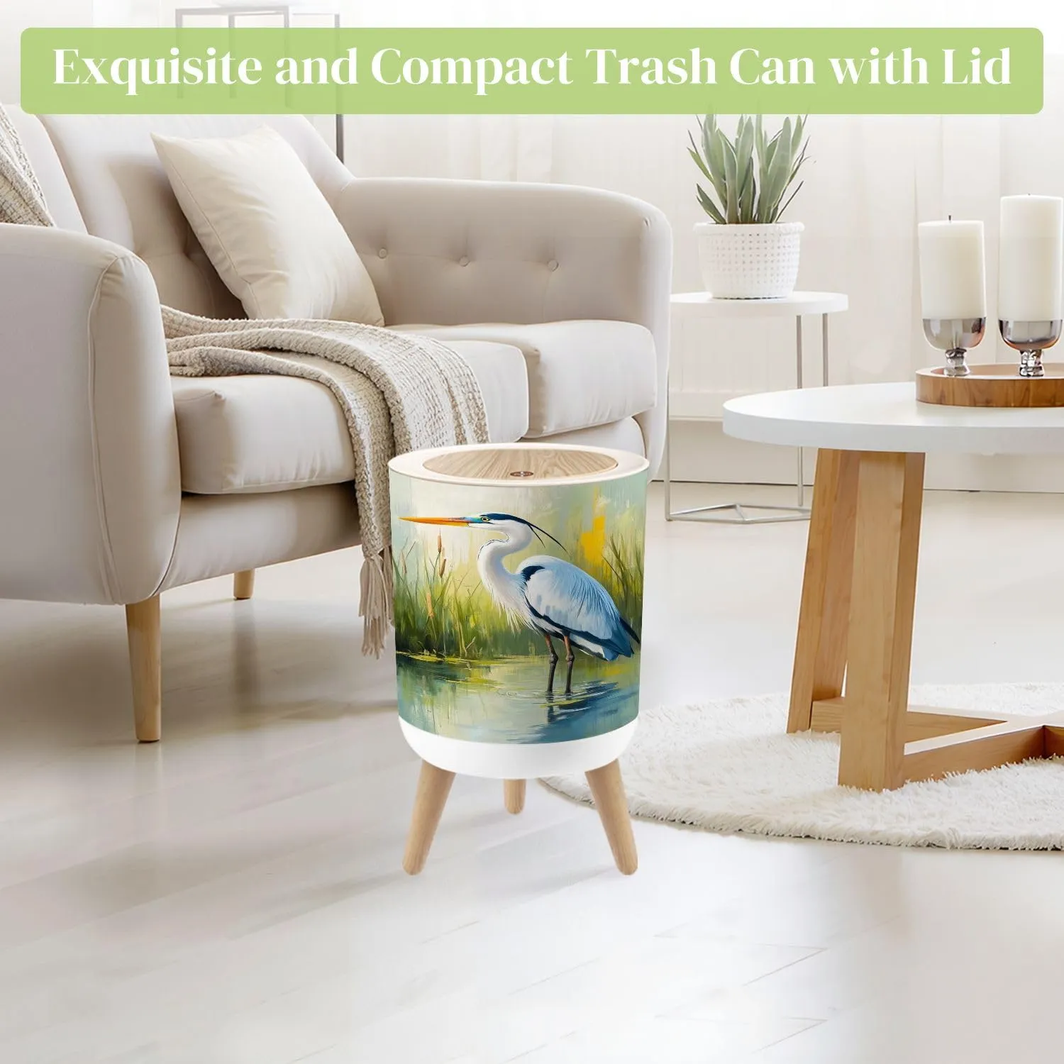 Small Trash Can with Lid Retro Waterfowl Trendy Eclectic Vintage Landscape Boho Oil Painting Round Press Top Garbage Can with Legs Trash Bin Waste Basket for Kitchen Bedroom Bathroom 7L/1.8 Gallon