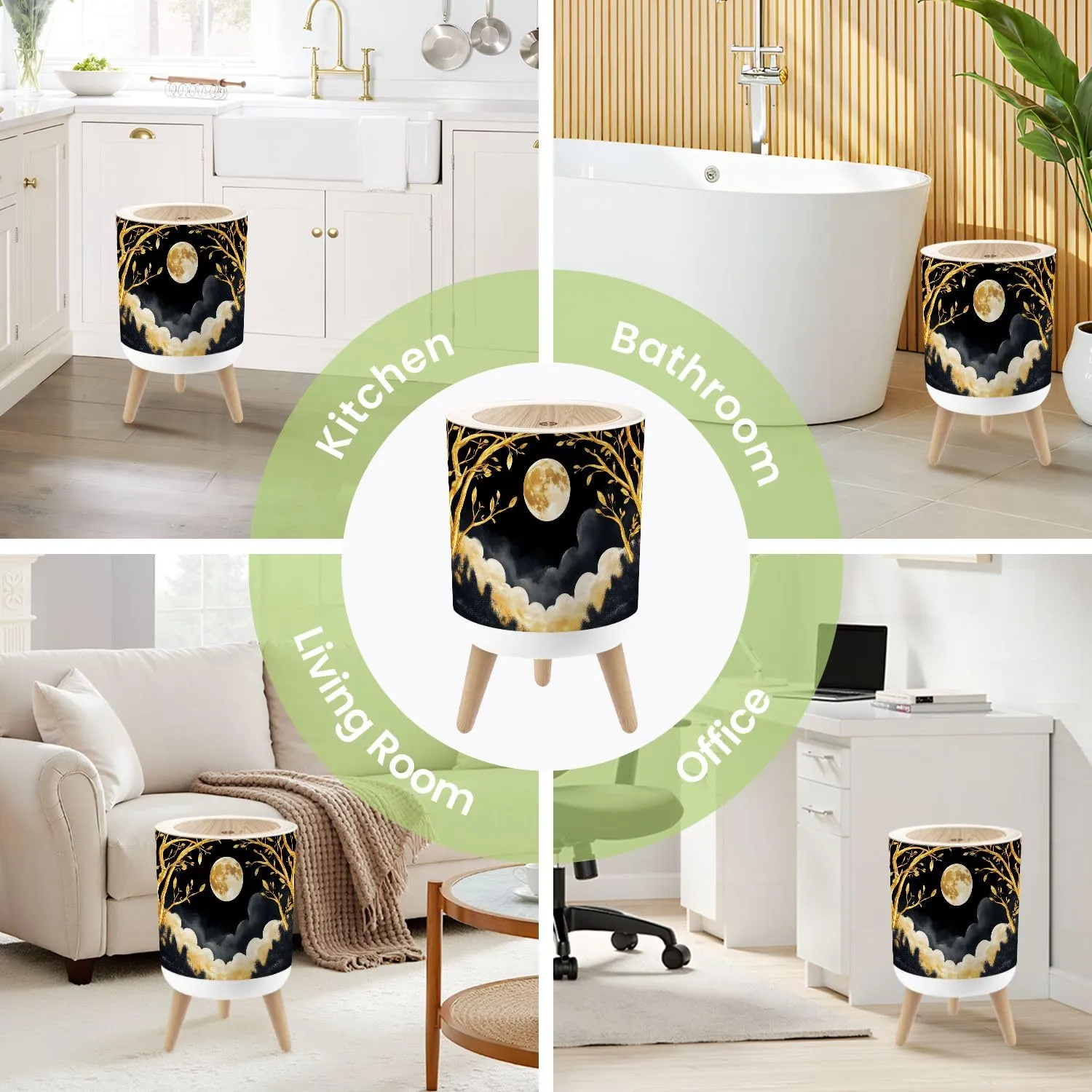 Small Trash Can with Lid Round Boho Design Moon Rug Floral Pattern Full Golden Tree Branches Round Press Top Garbage Can with Legs Trash Bin Waste Basket for Kitchen Bedroom Bathroom 7L/1.8 Gallon