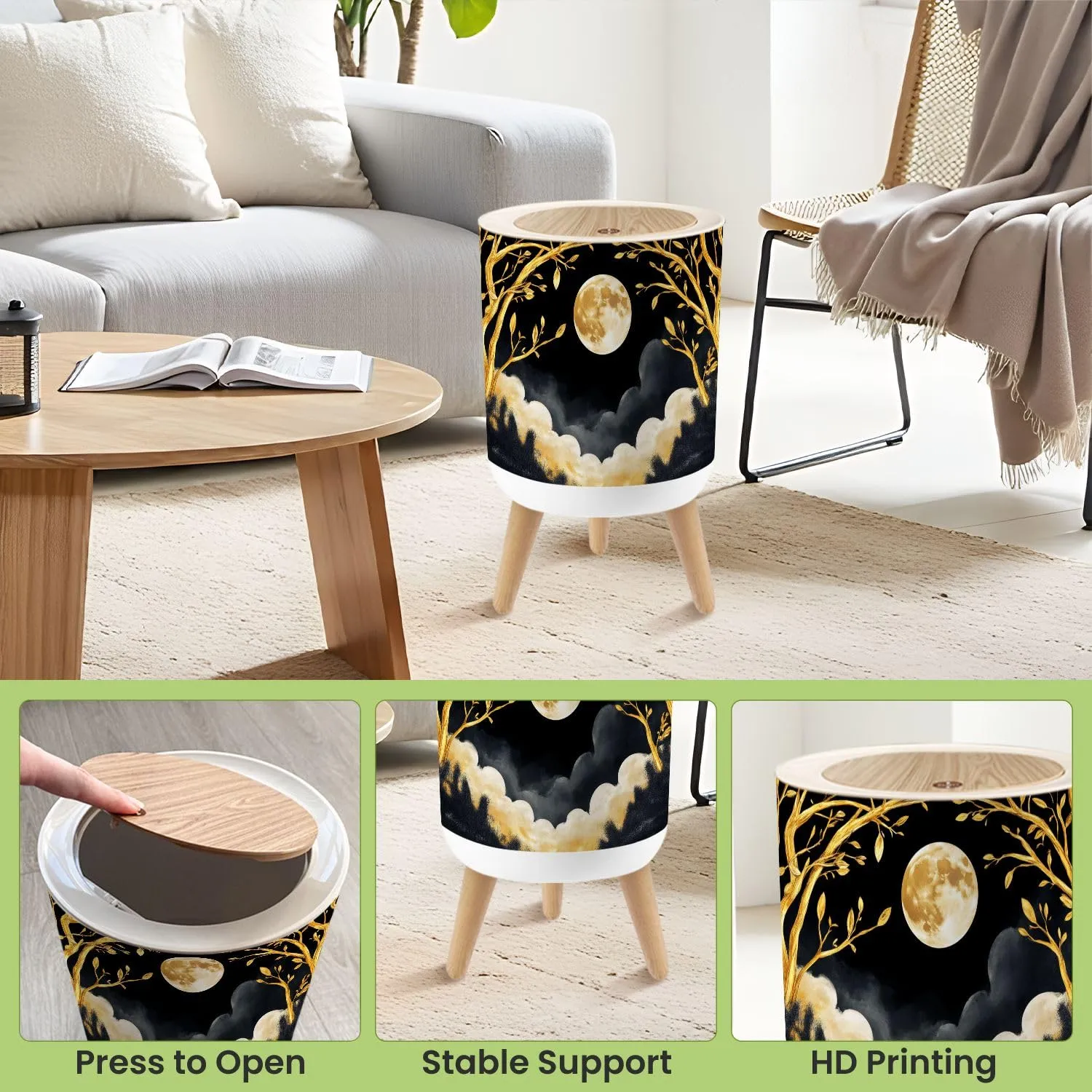 Small Trash Can with Lid Round Boho Design Moon Rug Floral Pattern Full Golden Tree Branches Round Press Top Garbage Can with Legs Trash Bin Waste Basket for Kitchen Bedroom Bathroom 7L/1.8 Gallon