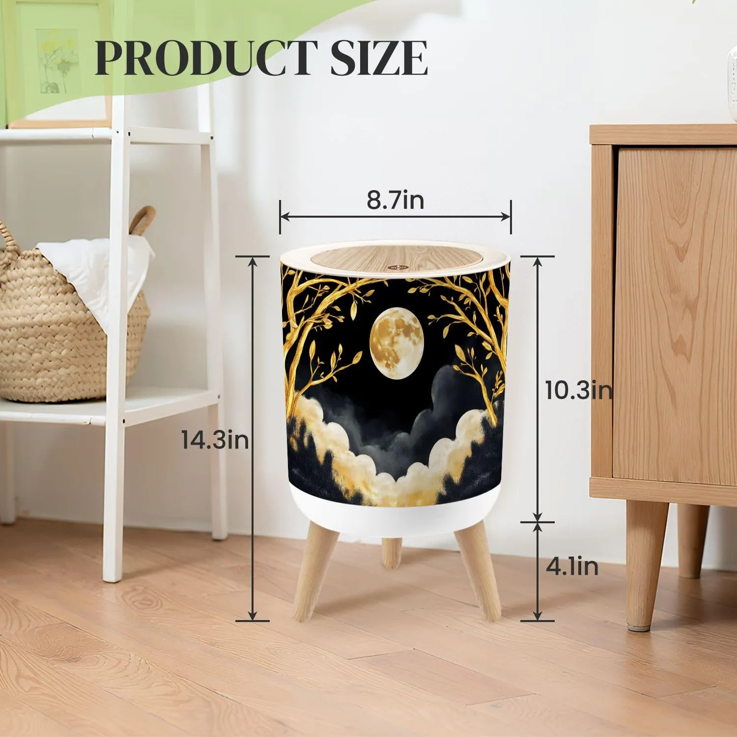 Small Trash Can with Lid Round Boho Design Moon Rug Floral Pattern Full Golden Tree Branches Round Press Top Garbage Can with Legs Trash Bin Waste Basket for Kitchen Bedroom Bathroom 7L/1.8 Gallon