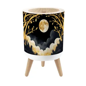 Small Trash Can with Lid Round Boho Design Moon Rug Floral Pattern Full Golden Tree Branches Round Press Top Garbage Can with Legs Trash Bin Waste Basket for Kitchen Bedroom Bathroom 7L/1.8 Gallon