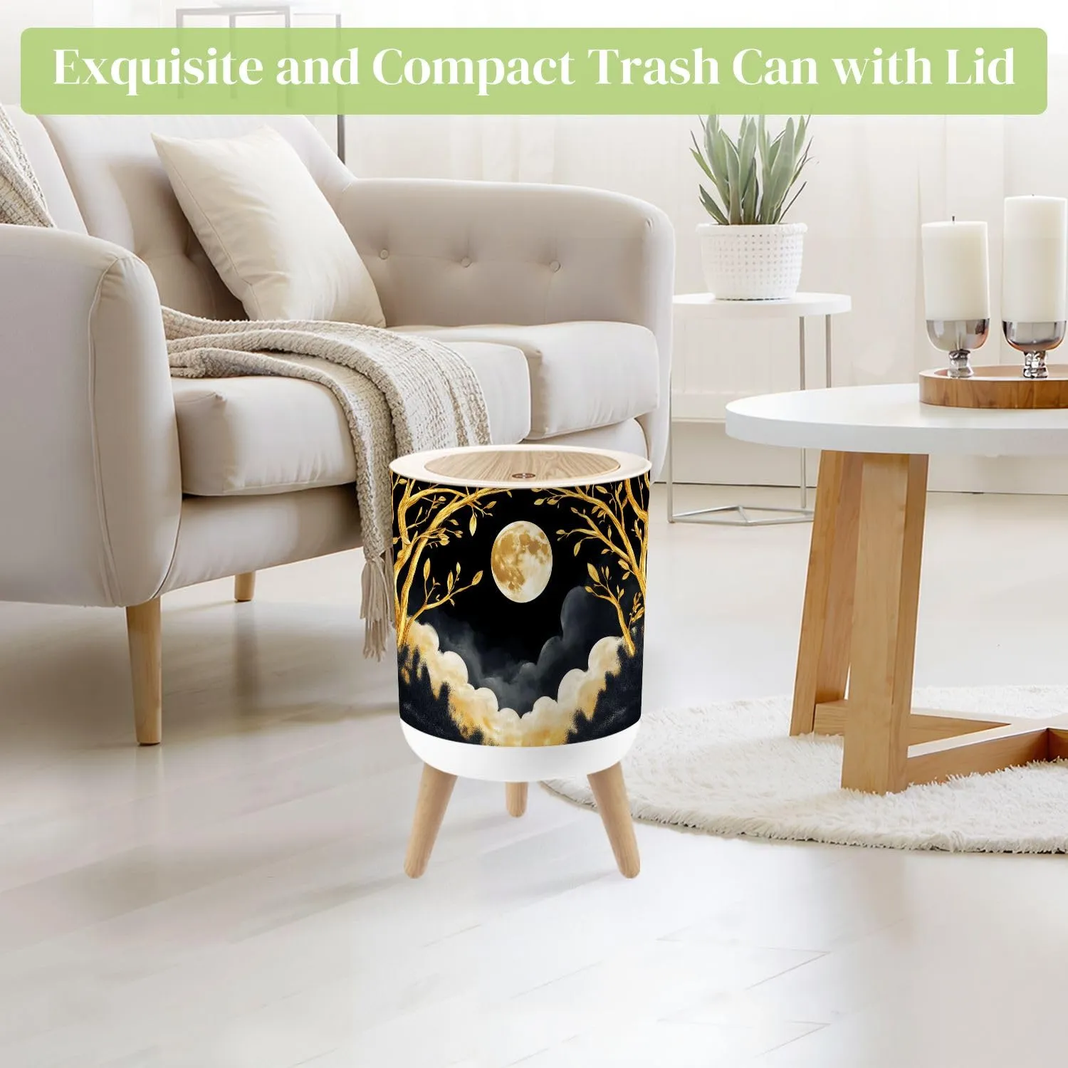Small Trash Can with Lid Round Boho Design Moon Rug Floral Pattern Full Golden Tree Branches Round Press Top Garbage Can with Legs Trash Bin Waste Basket for Kitchen Bedroom Bathroom 7L/1.8 Gallon