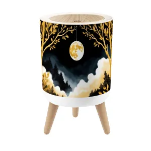 Small Trash Can with Lid Round Boho Design Moon Rug Floral Pattern Golden Tree Branches Leaves Round Press Top Garbage Can with Legs Trash Bin Waste Basket for Kitchen Bedroom Bathroom 7L/1.8 Gallon