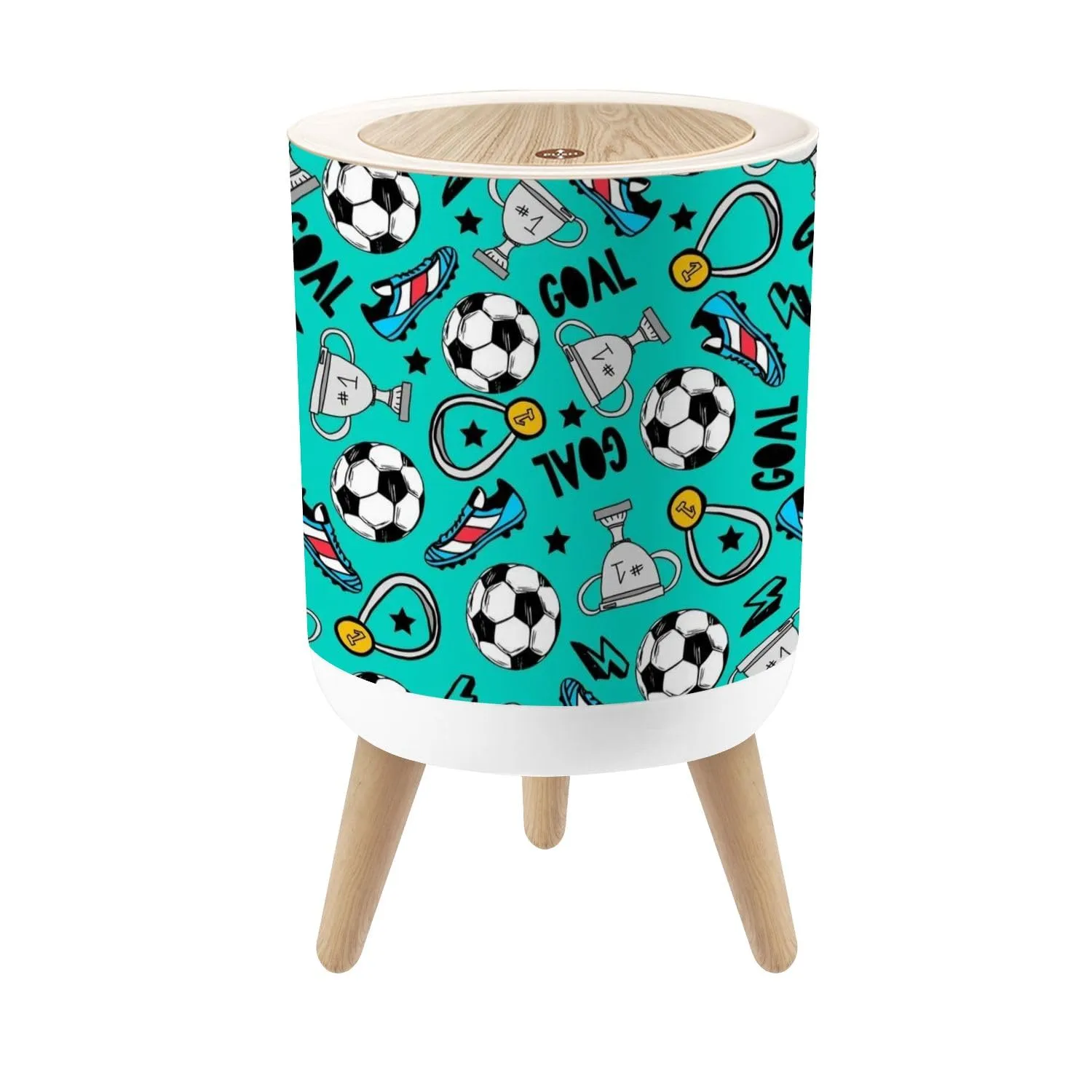Small Trash Can with Lid Seamless football for textile fabric stationery socks kids clothes Round Press Top Garbage Can with Legs Trash Bin Waste Basket for Kitchen Bedroom Bathroom 7L/1.8 Gallon