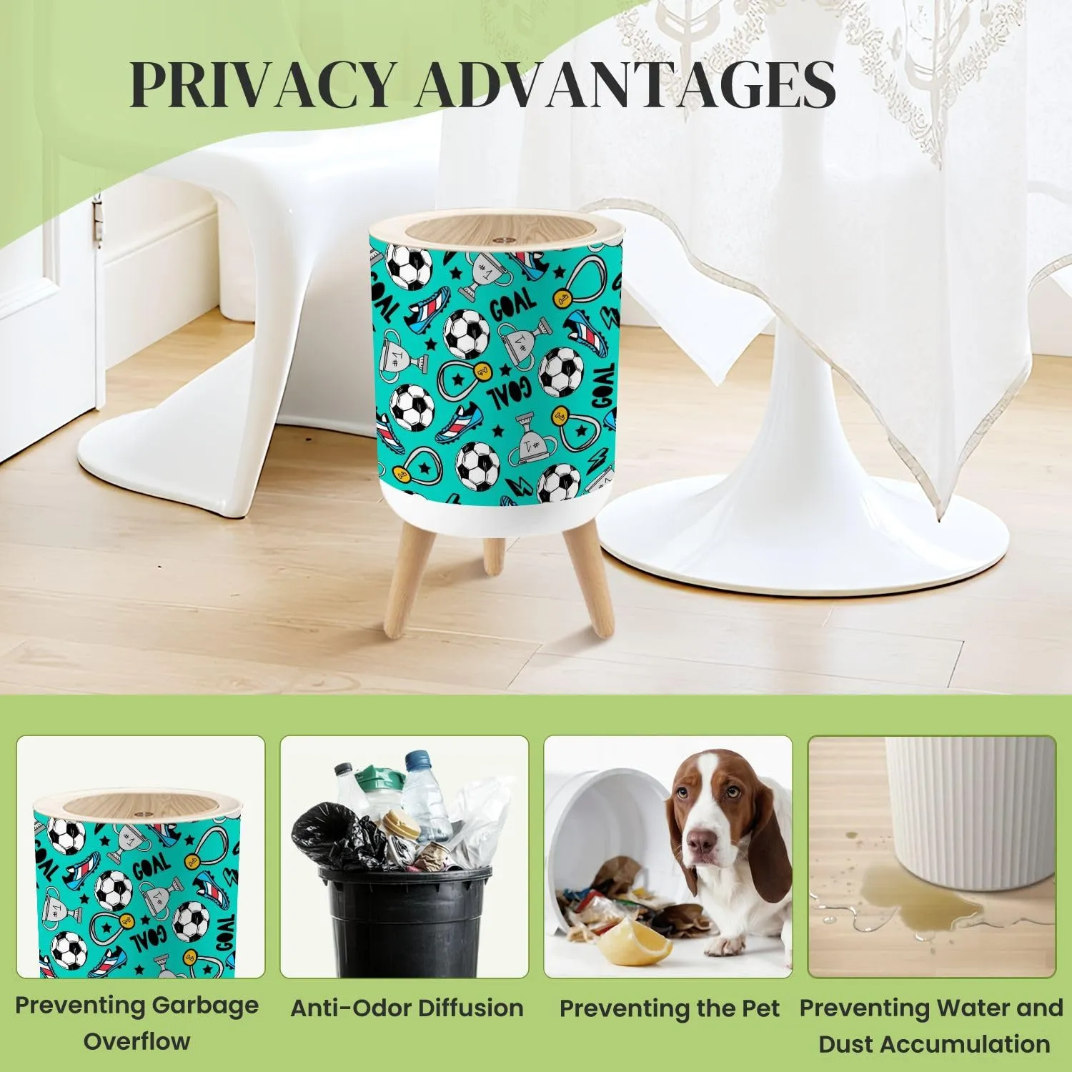 Small Trash Can with Lid Seamless football for textile fabric stationery socks kids clothes Round Press Top Garbage Can with Legs Trash Bin Waste Basket for Kitchen Bedroom Bathroom 7L/1.8 Gallon