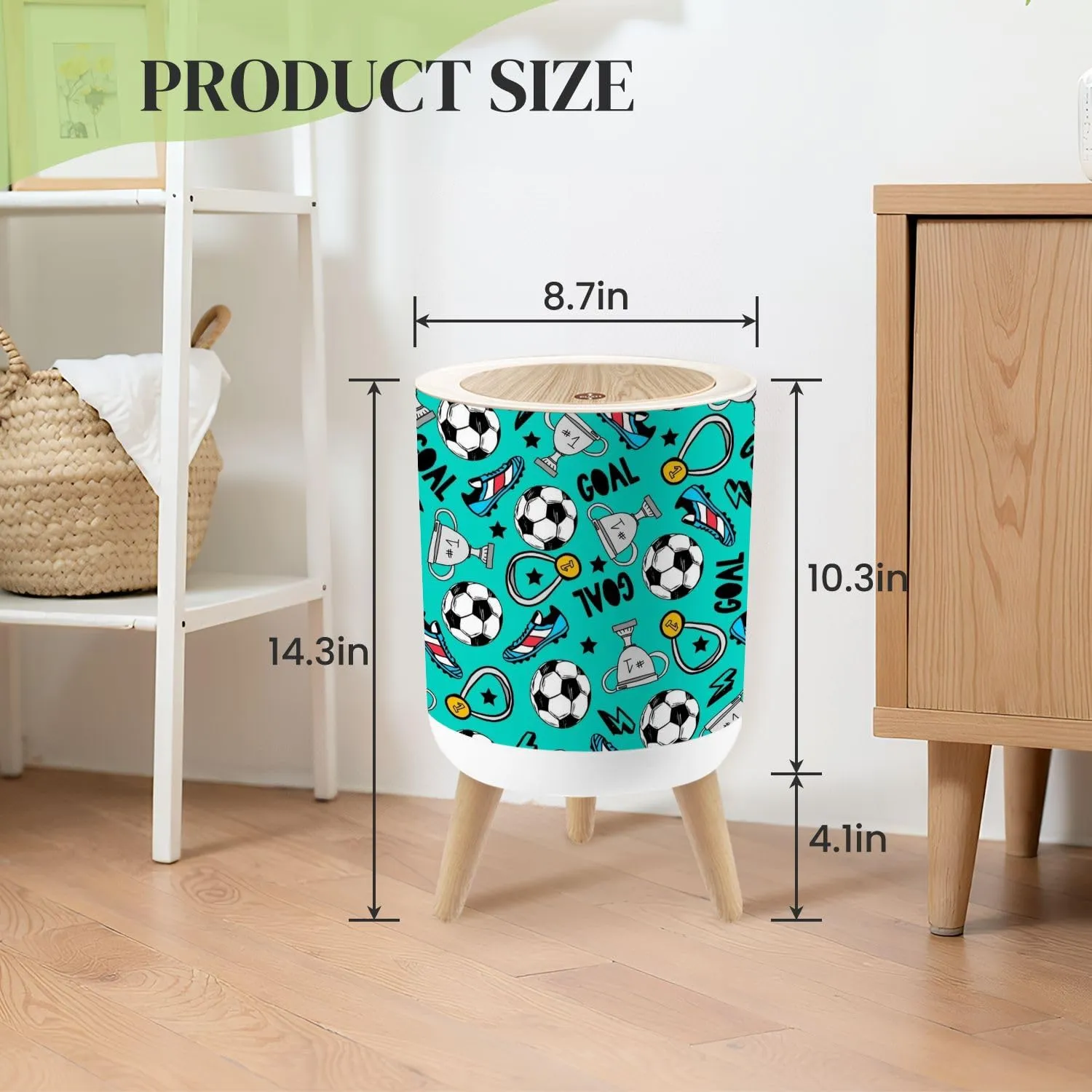 Small Trash Can with Lid Seamless football for textile fabric stationery socks kids clothes Round Press Top Garbage Can with Legs Trash Bin Waste Basket for Kitchen Bedroom Bathroom 7L/1.8 Gallon