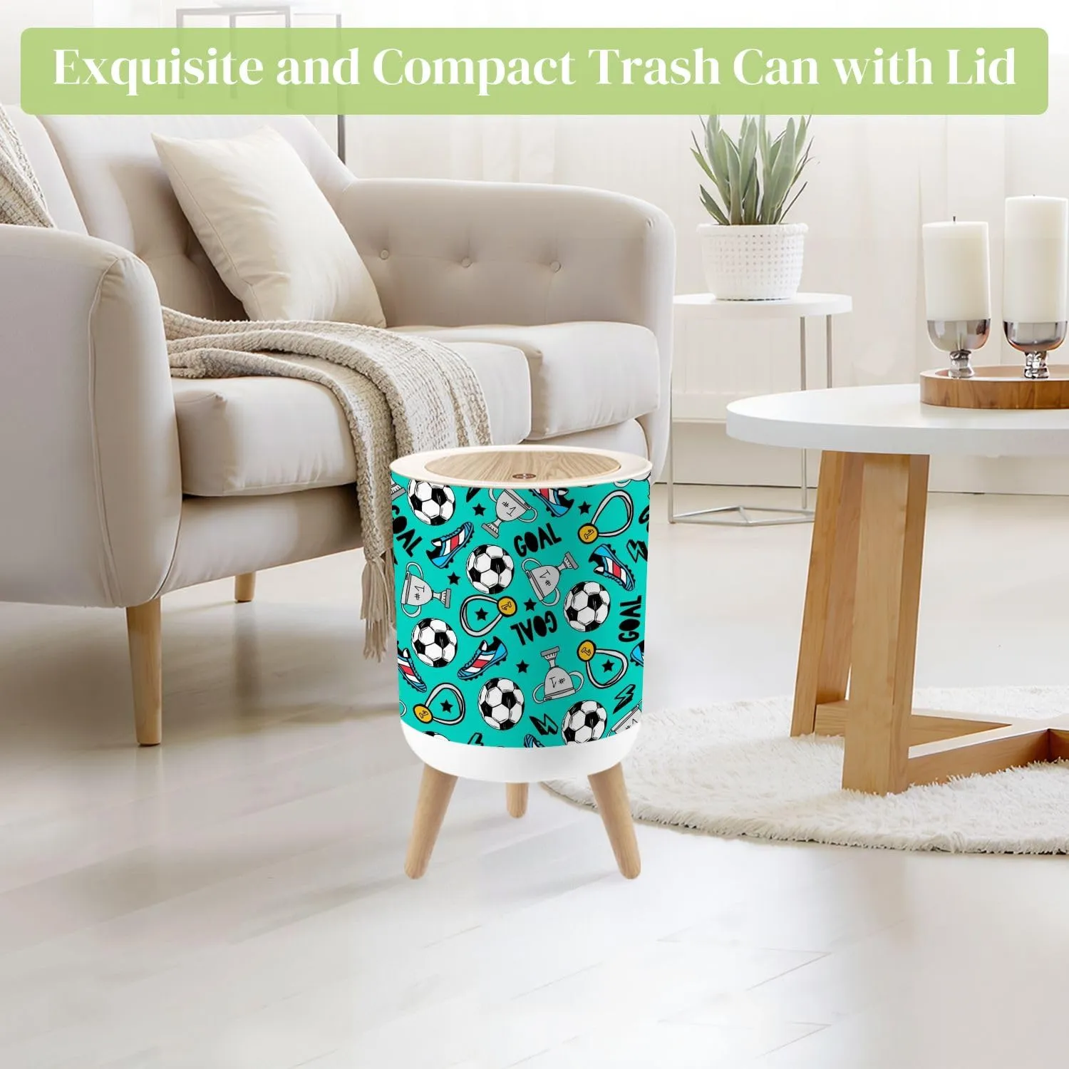 Small Trash Can with Lid Seamless football for textile fabric stationery socks kids clothes Round Press Top Garbage Can with Legs Trash Bin Waste Basket for Kitchen Bedroom Bathroom 7L/1.8 Gallon