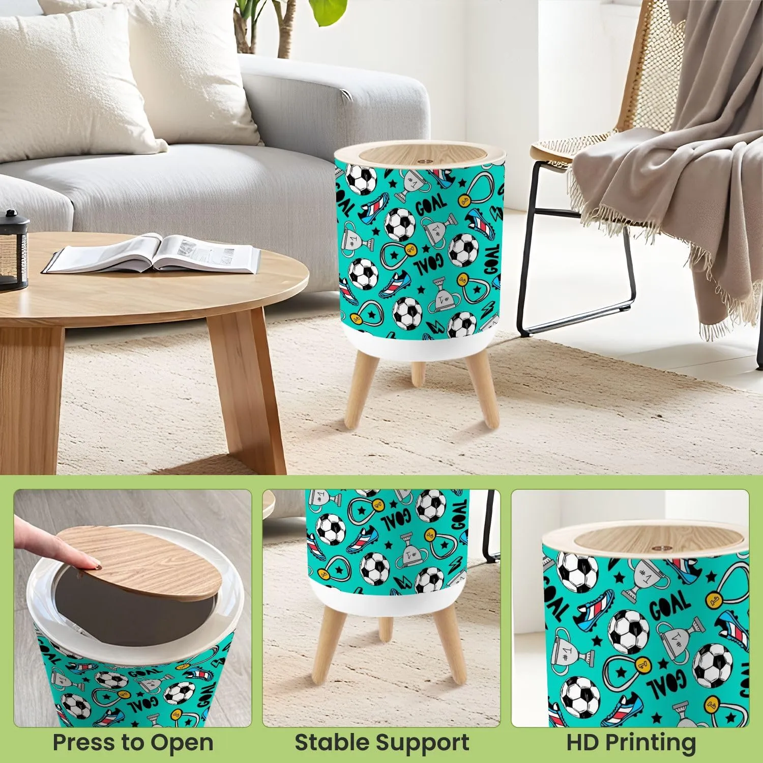 Small Trash Can with Lid Seamless football for textile fabric stationery socks kids clothes Round Press Top Garbage Can with Legs Trash Bin Waste Basket for Kitchen Bedroom Bathroom 7L/1.8 Gallon