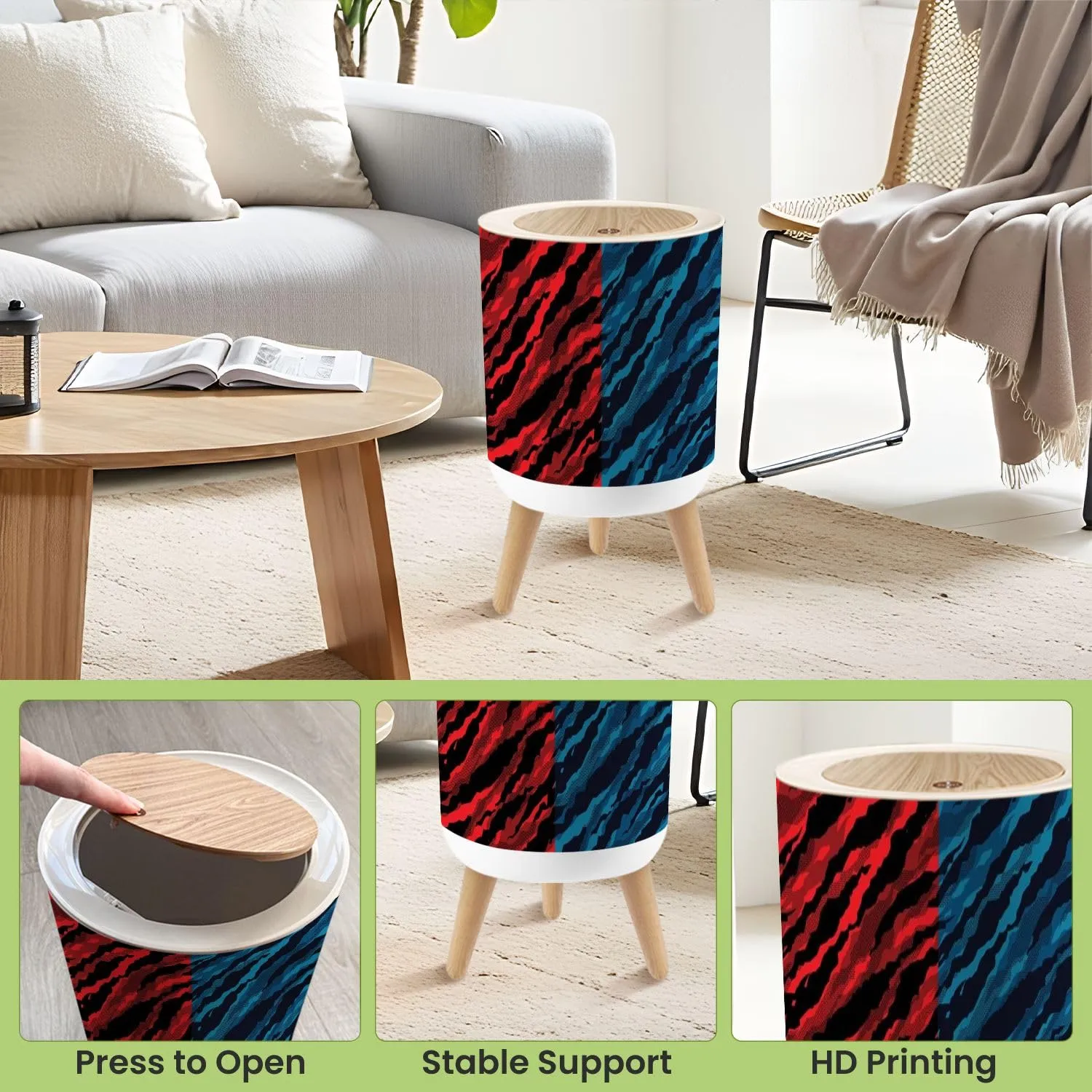 Small Trash Can with Lid Seamless halftone camouflage abstract pattern Military Camouflage Round Press Top Garbage Can with Legs Trash Bin Waste Basket for Kitchen Bedroom Bathroom 7L/1.8 Gallon